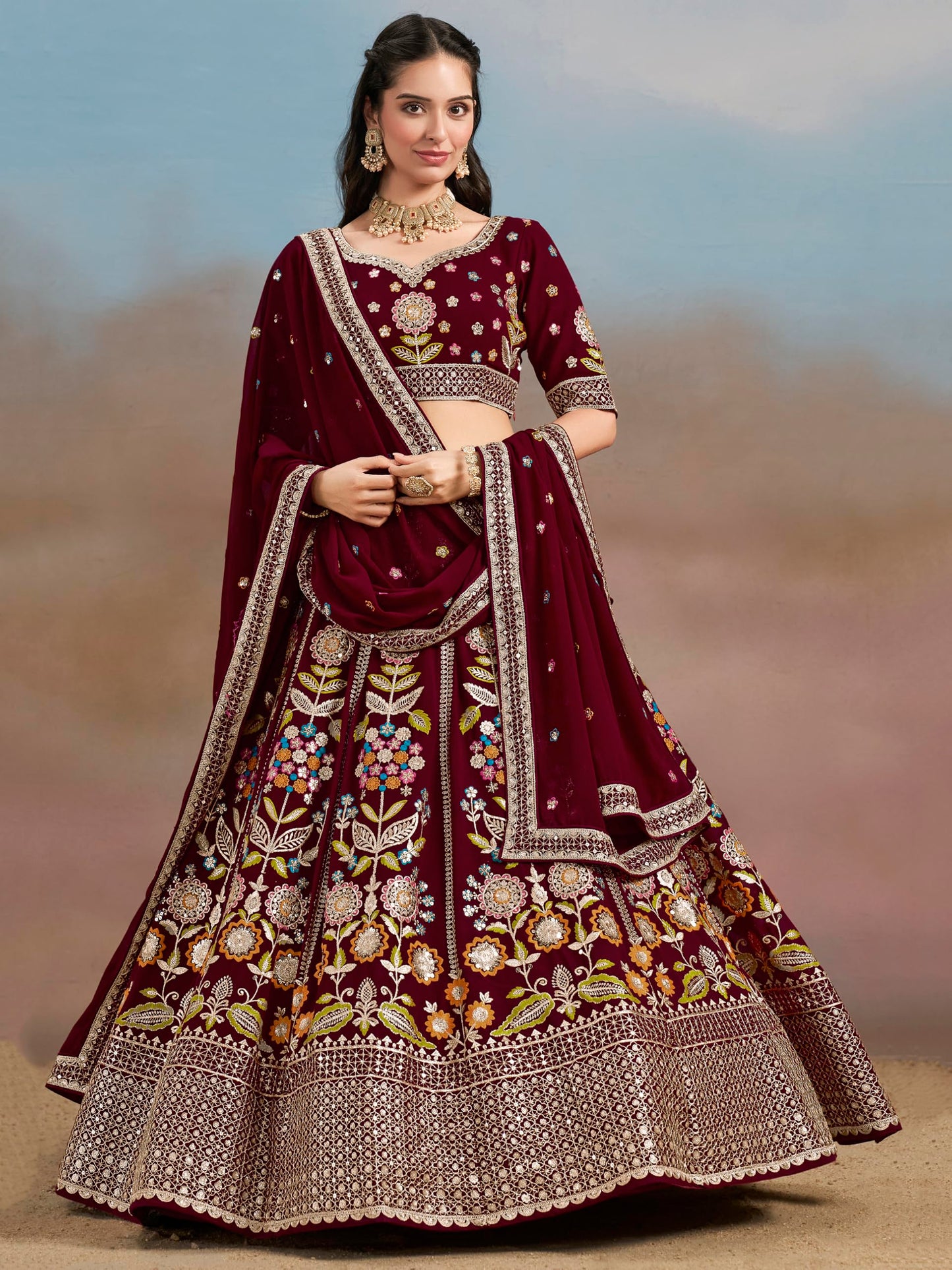 Zeel Clothing Women's Sequins Thread Embroidered Georgette Lehenga Choli With Dupatta (6008-Maroon-Women-Lehenga-Choli-New; Free Size)(Maroon)