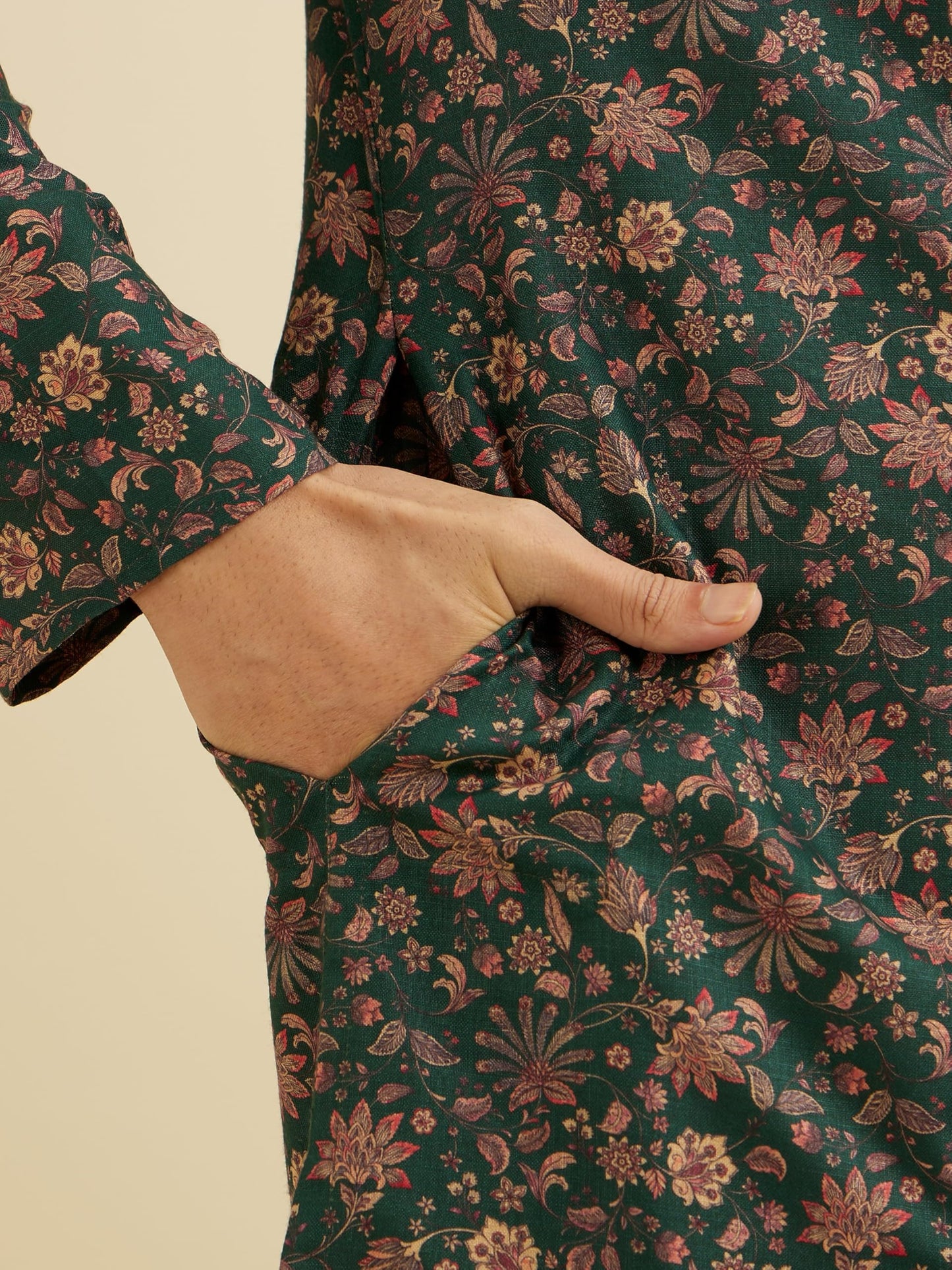 Manyavar Men's Viscose Blend Digital Print Kurta Set (Dark Green,XL)