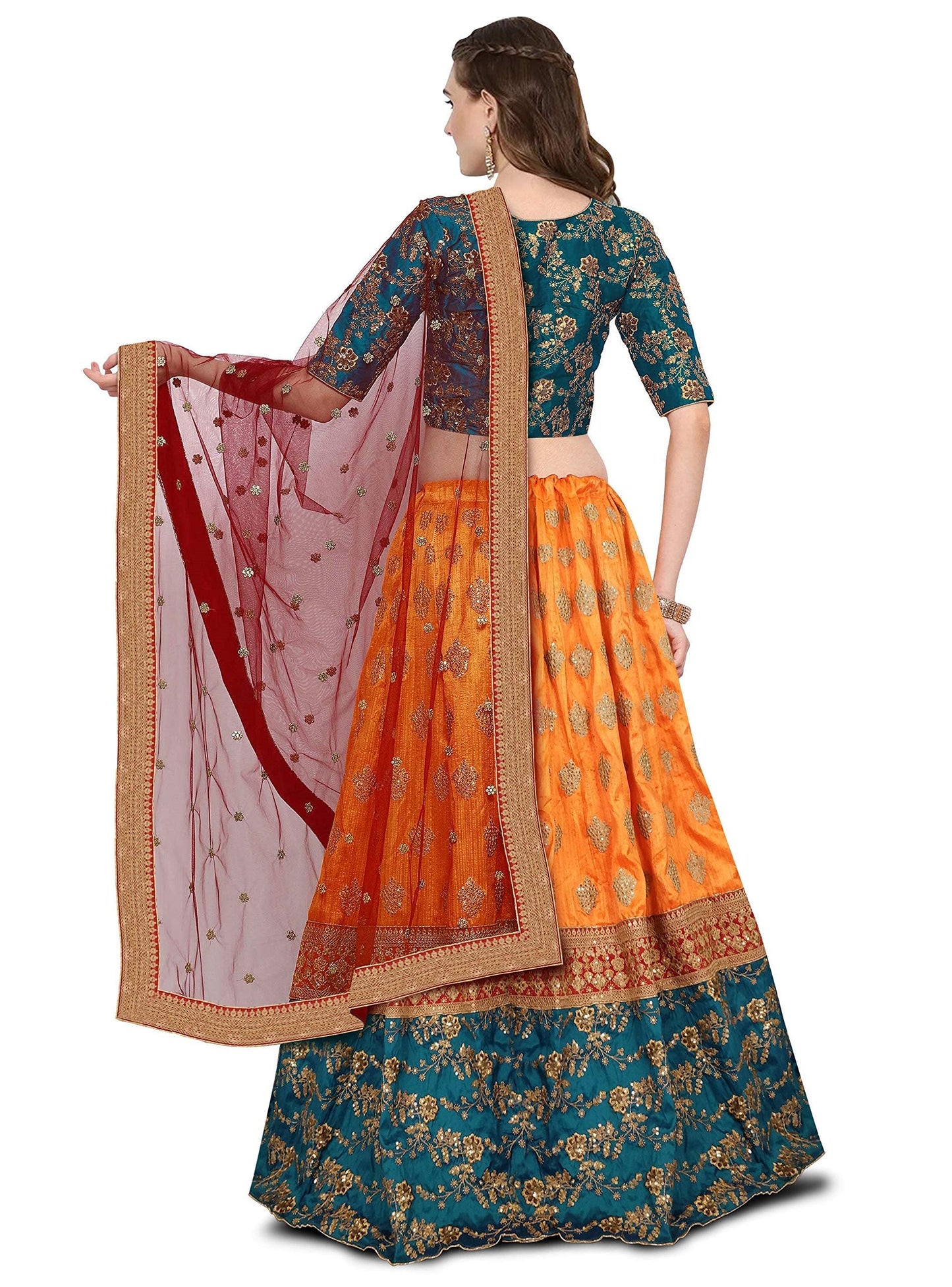 Zeel Clothing Women Faux Silk Lehenga Choli Semi-Stitched Green & Yellow Free Size