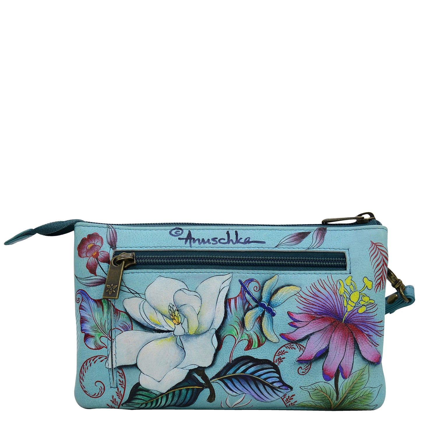 Anuschka Women’s Hand-Painted Geniune Leather Organiser Crossbody With RFID Protection - Jardin Bleu