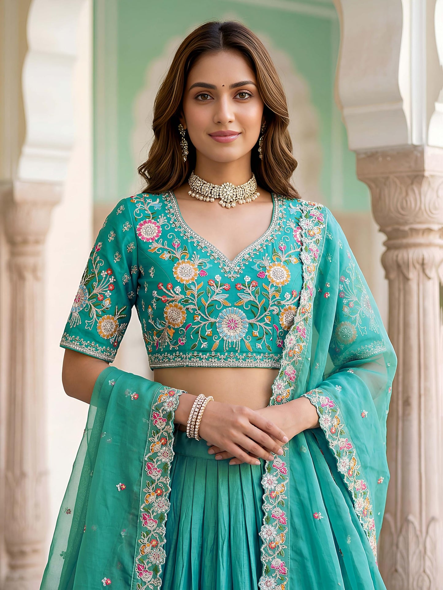Zeel Clothing Women's Zari Sequins Embroidered Work Crush Silk Lehenga Choli With Dupatta (5138-SkyBlue-Women-Lehenga-Choli; Free size)