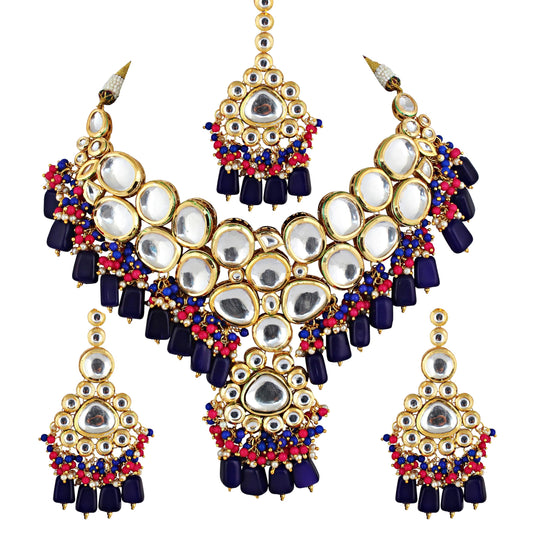 Lucky Jewellery 18K Gold-Plated Back Meenakari Uncut Kundan Choker Necklace | Elegant Blue & Magenta Color Necklace Jewelry Set for Women & Girls (2916-M6SK-1674-BR)