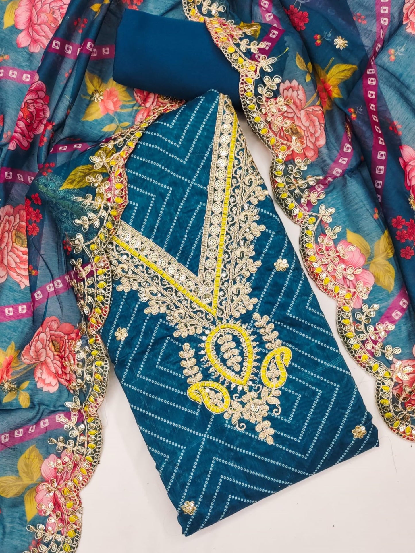 Leeli Peeri Designer Women's Chanderi Bandhani Print With Coding Work Unstitched Dress Material