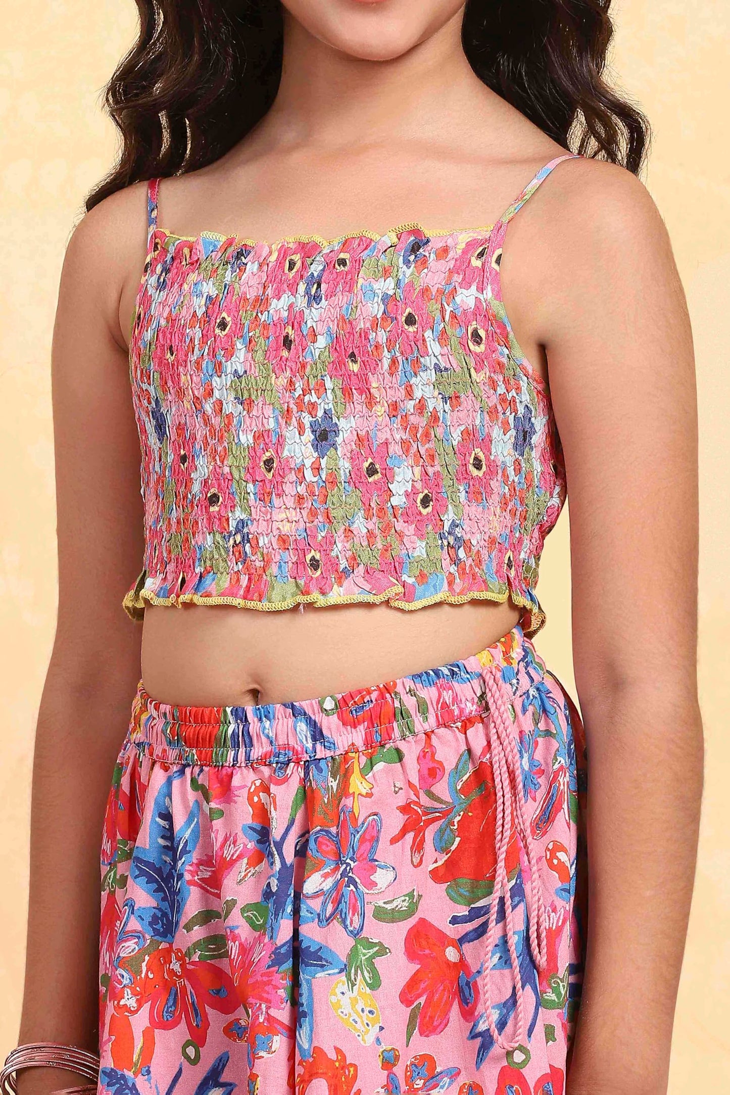 Biba Girl's Pink Viscose Short Top Lehenga Set