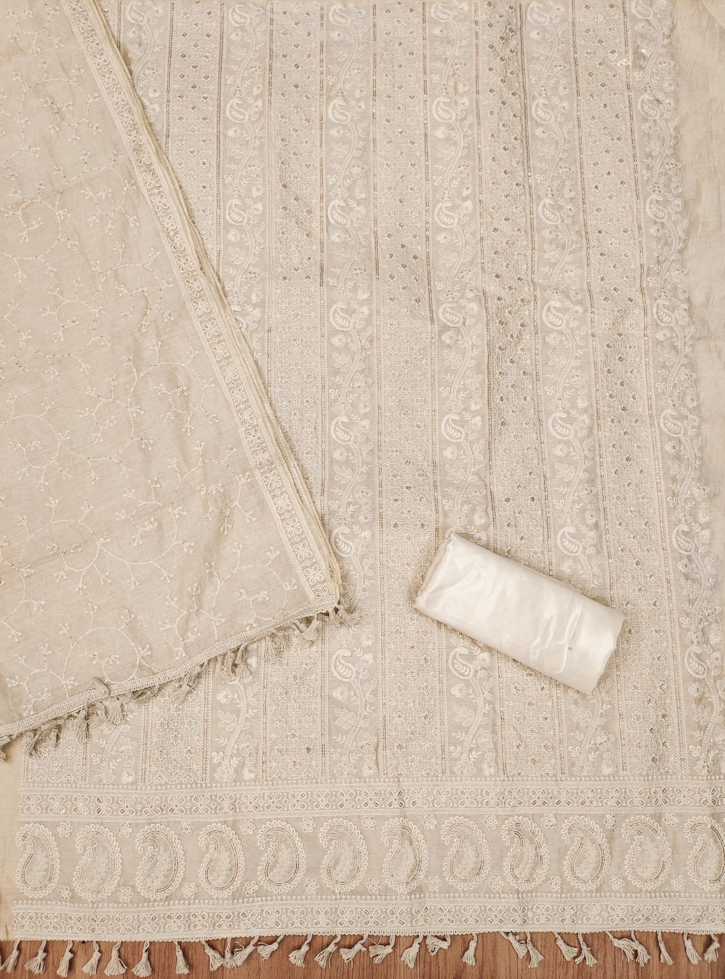 Pandadi Saree Women's Elegant Lucknowi Work with Modal Chanderi and Embroidered Dupatta Unstitched Dress Material (Off White)