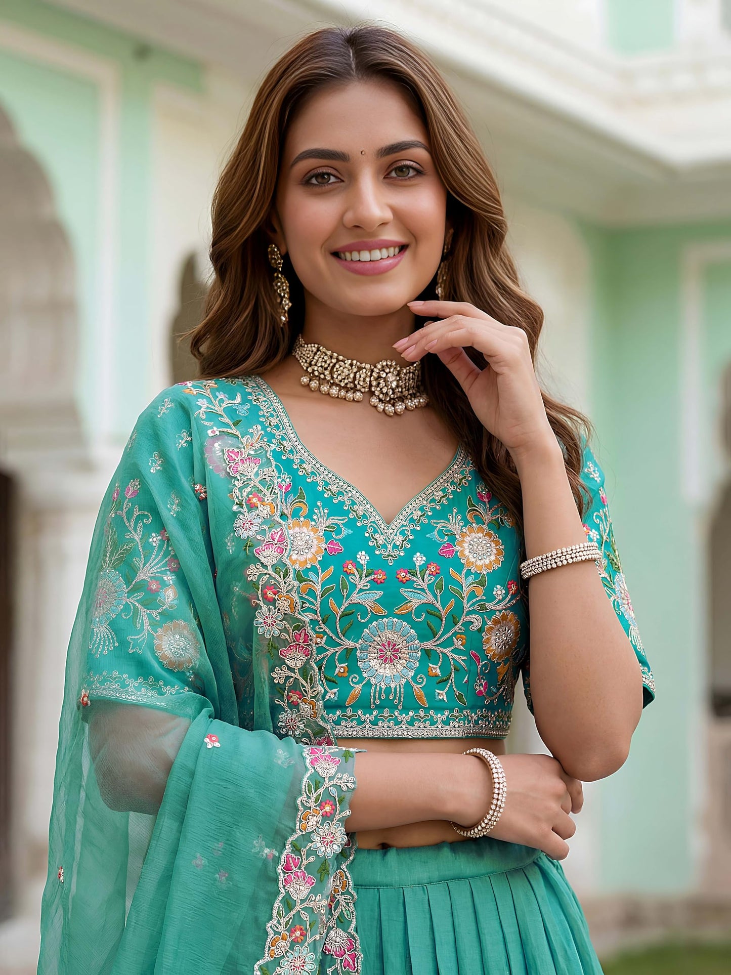 Zeel Clothing Women's Zari Sequins Embroidered Work Crush Silk Lehenga Choli With Dupatta (5138-SkyBlue-Women-Lehenga-Choli; Free size)