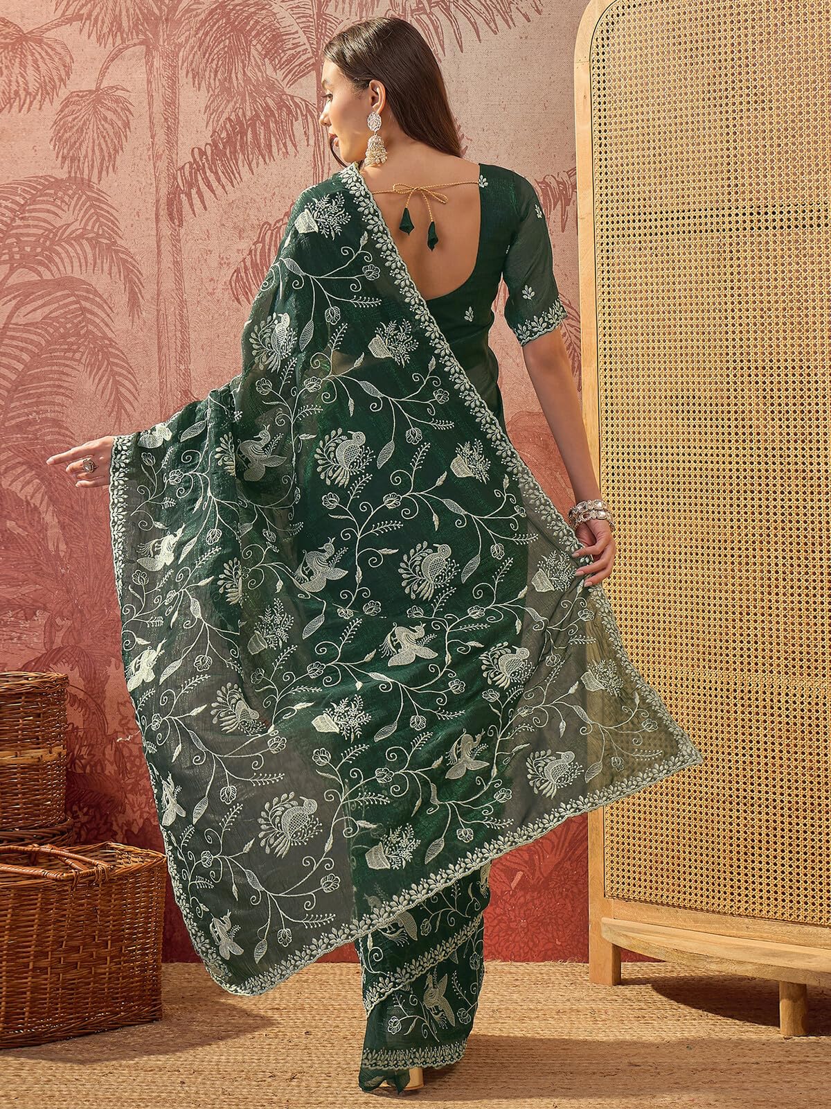 SIRIL Women's Shimmer Chiffon Scalloped Border Embroidery Saree with Unstitched Blouse Piece (5312S202_Dark Green)