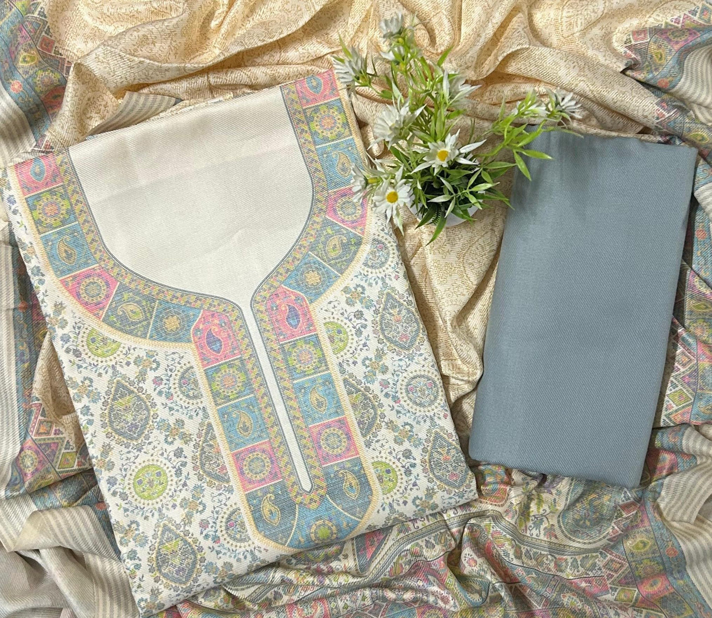 EJS Women's Unstitched Woolen Pashmina Printed Salwar Suit Dress Material With Soft/Pashmina Shawl (Grey)