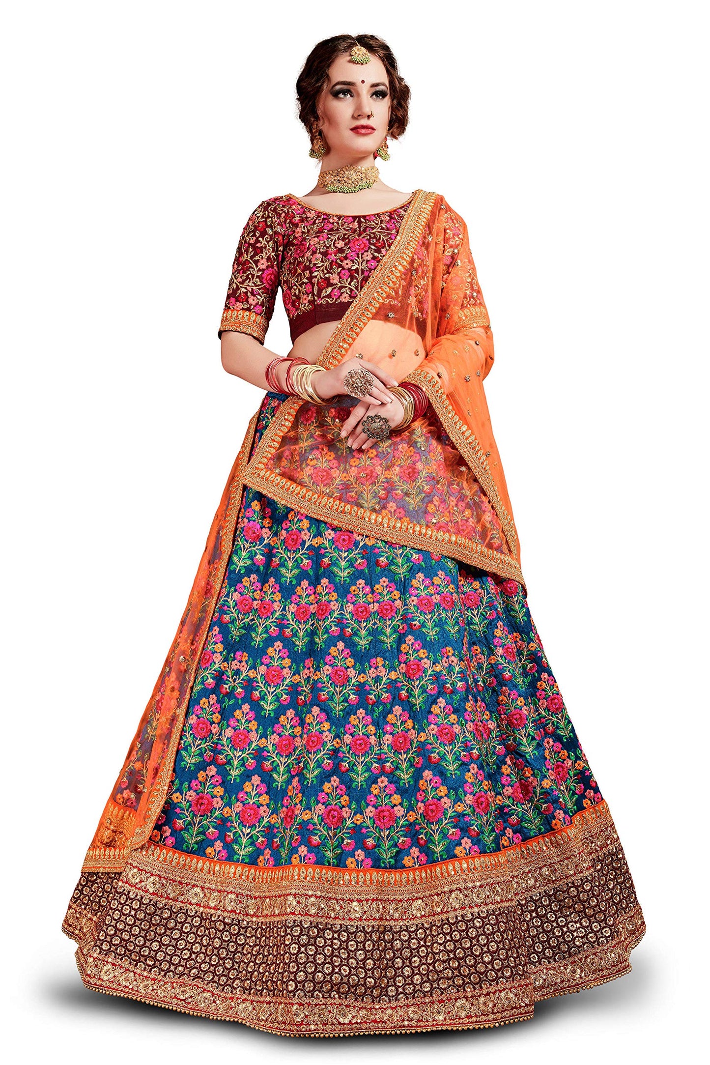 Zeel Clothing Women's Silk Semi stitched Lehenga Choli (7031-Blue-Wedding-Bridal-Heavy-Lehenga_Blue_Free Size)