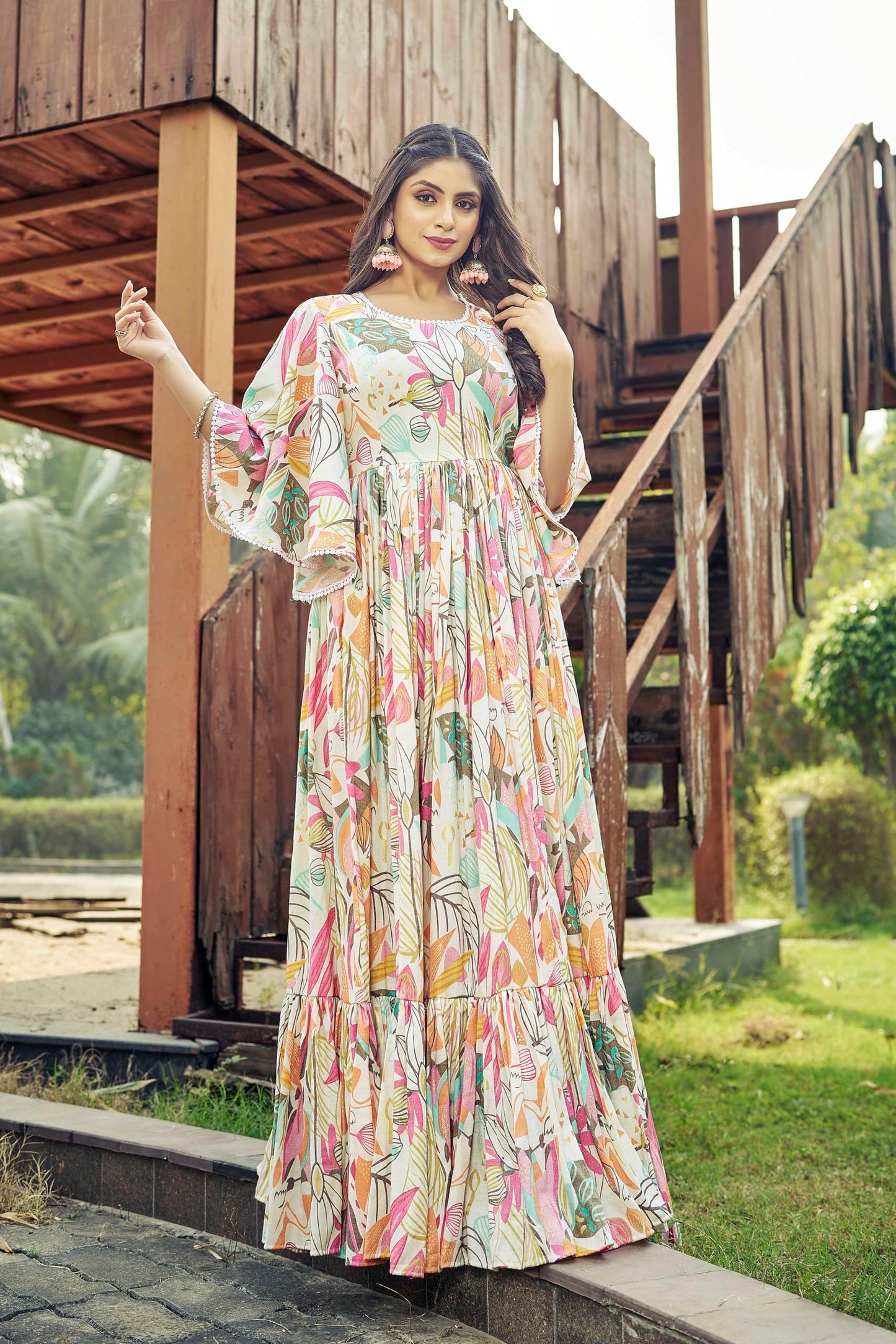 Samprag Rayon Gown for Women | Full Length | Printed | Fit & Flare | Flared & Bell Sleeves | Round Neck | Ethenic Dress | Ideal for Casual, Wedding & Party | Off-White & Sky Blue | S