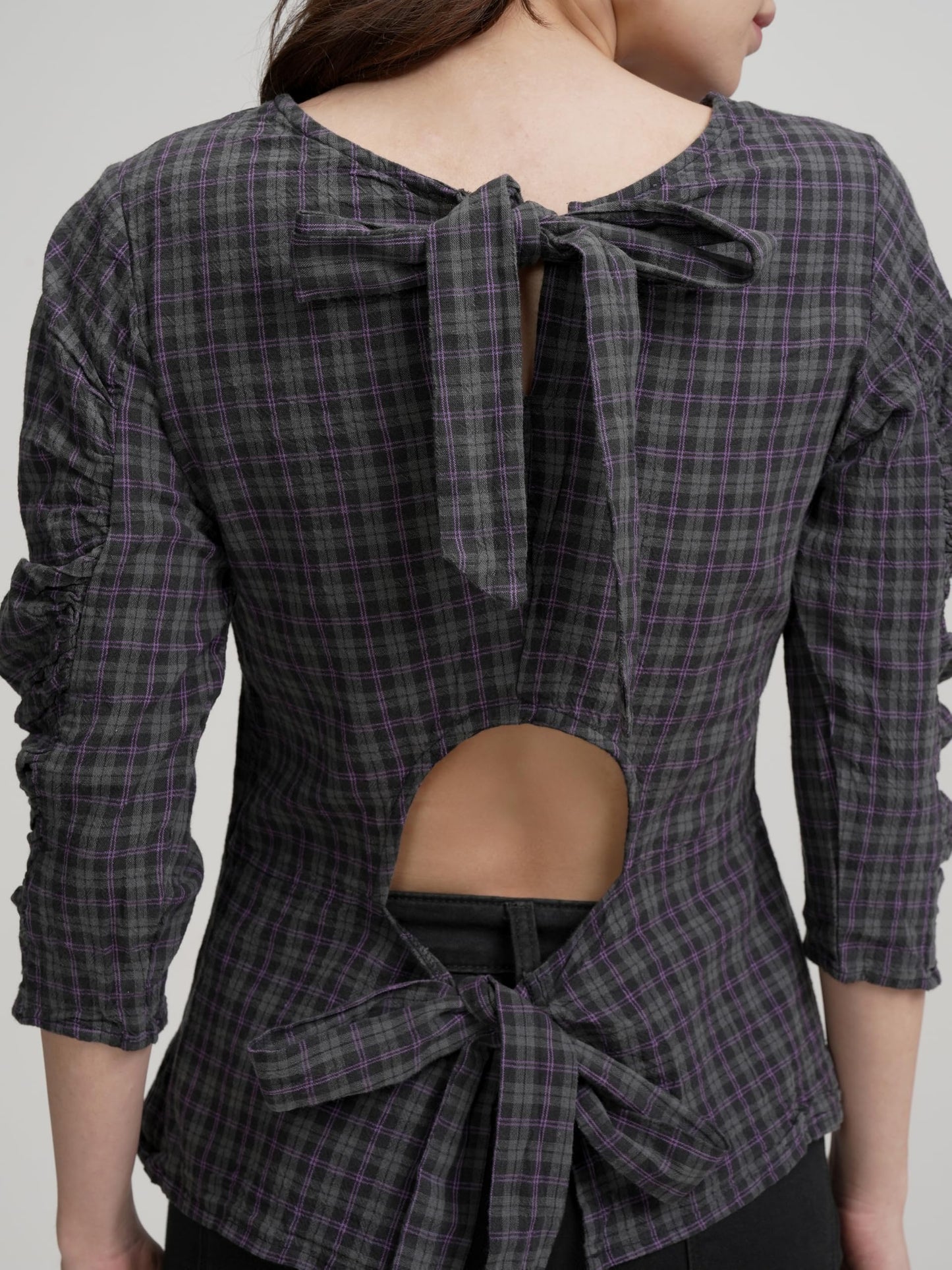 Tokyo Talkies Women's Checked Pure Cotton Styled Back Top | Boat Neck & 3/4 Sleeves | Comfortable & Stylish | Perfect for Casual Days | Tops for Woman | Women Tops | Stylish Top