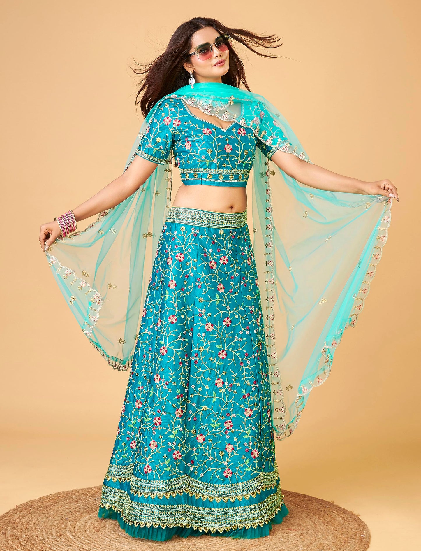 TRENDMALLS Women's Satin Embroidery Lehenga Choli With Dupatta (L57-Turquoise, Semi stitched)