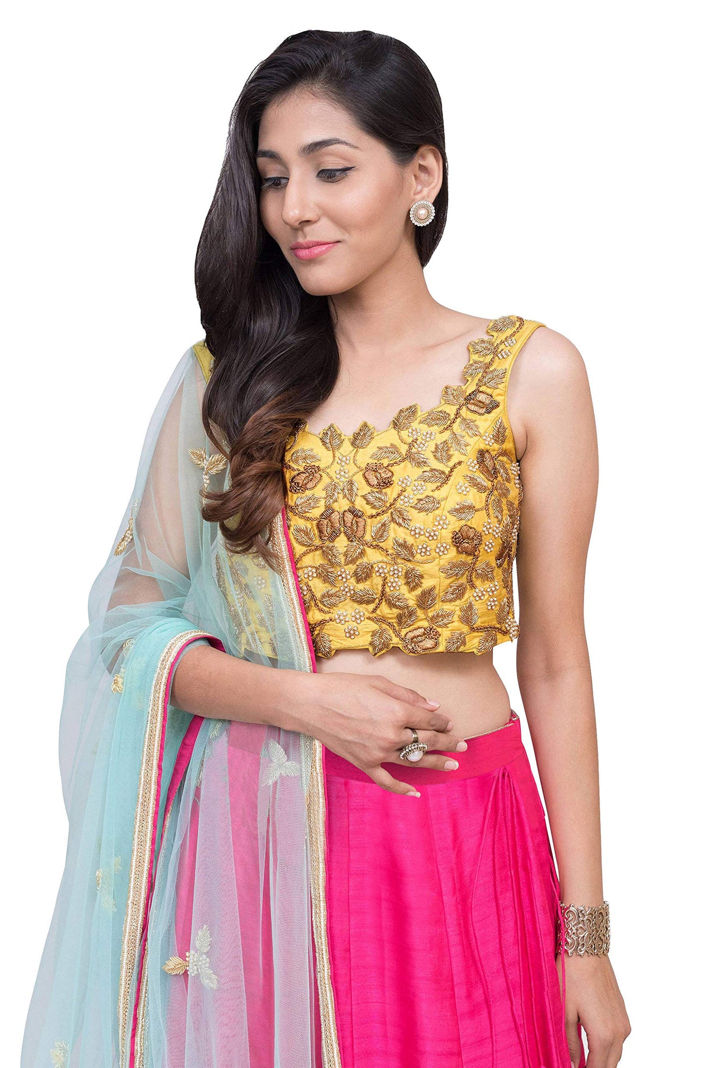 Zeel Clothing Women's Silk Semi stitched Lehenga Choli (7045-Yellow & Pink_Pink & Yellow_Free Size)