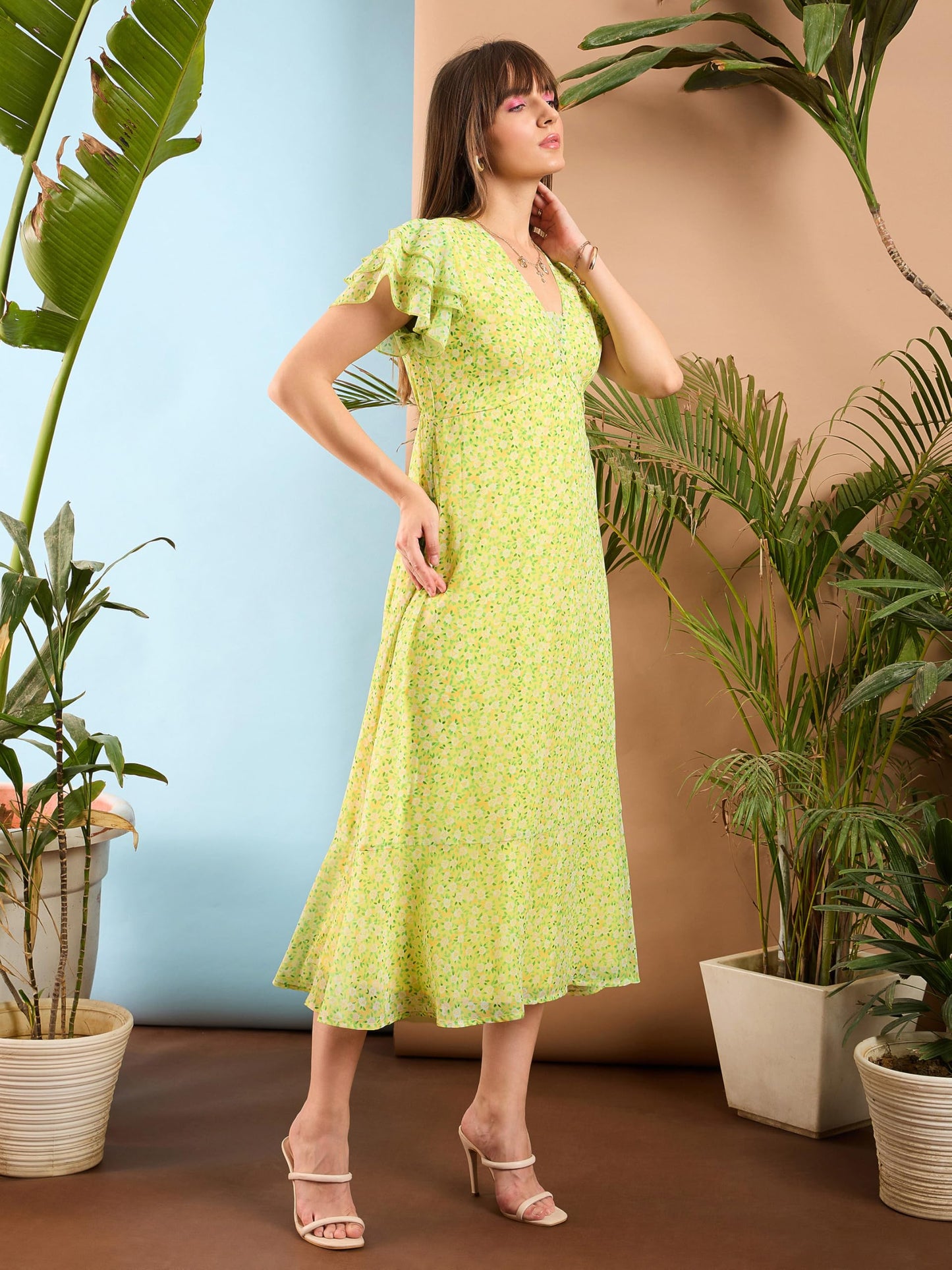 SASSAFRAS Women's Georgette Midi Dress Below The Knee SFDRSS12212 Yellow