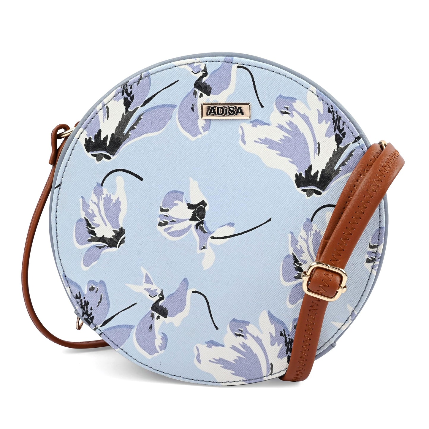 ADISA Women Girls Flower Print Sling Bag Round Crossbody Purse (SL6007-SKY_Blue)