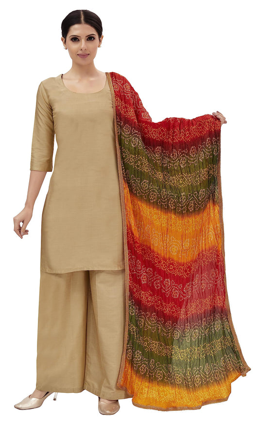 Studio Shringaar Women's Vegan Silk Multi Coloured Bandhni Dupatta (42" X 2.5 Meters, Mehendi)