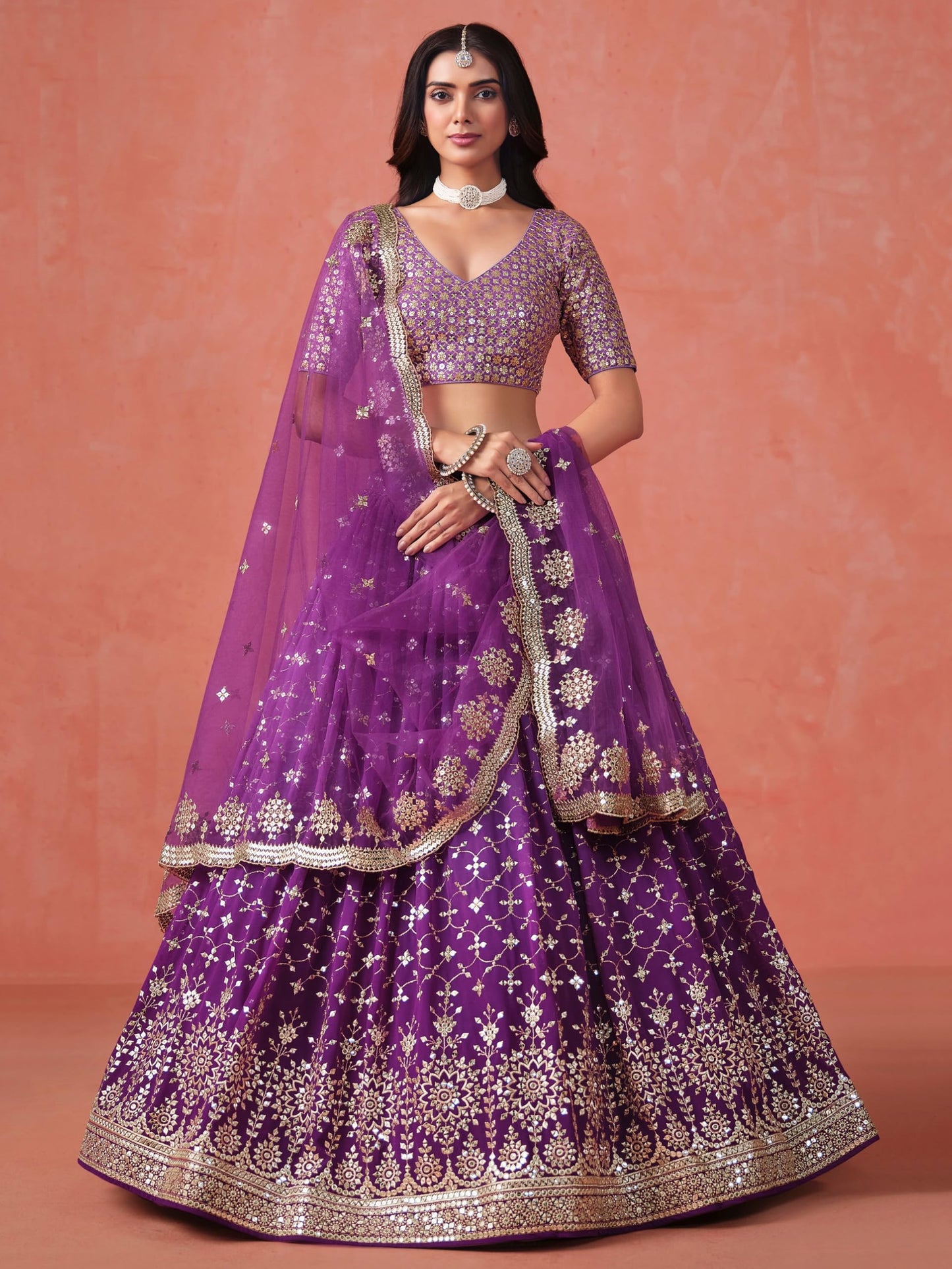 Zeel Clothing Women's Sequins Zari Embroidered Georgette Lehenga Choli With Dupatta (7086-Women-Lehenga-Choli-Latest, Free size) (Purple)