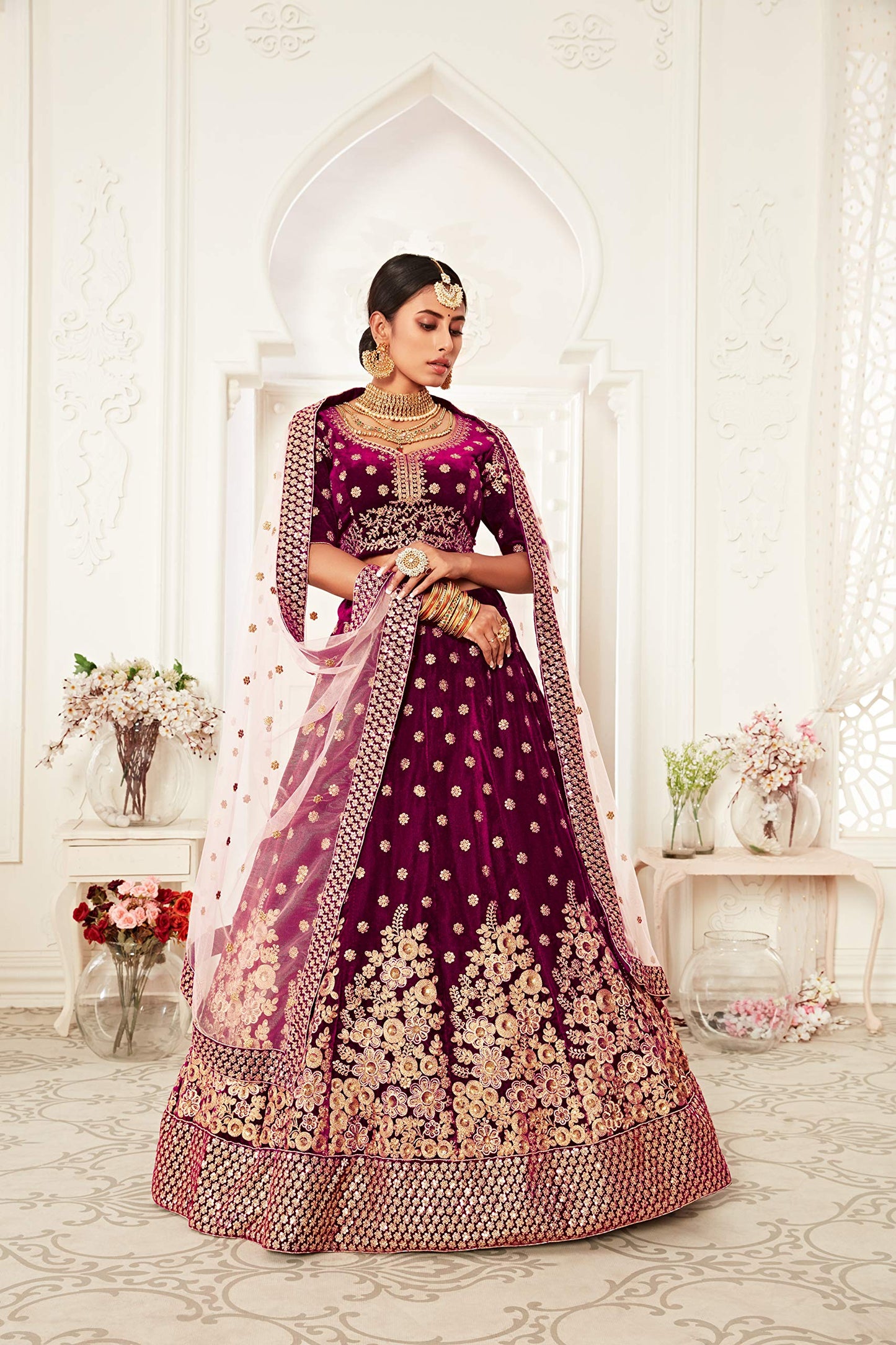 Zeel Clothing Women's Velvet Semi stitched Lehenga Choli (7702-Wedding-Bridal-Lehenga-Latest_Purple_Free Size)