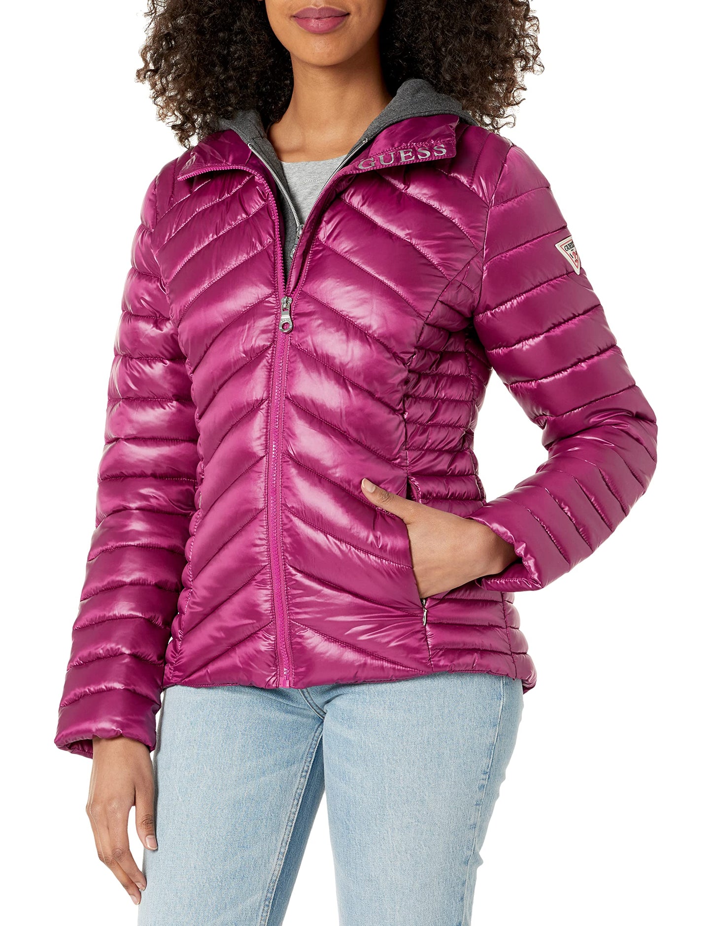 GUESS Women's Hooded Packable Puffer Jacket, Magenta, Small