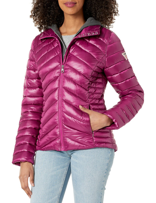 GUESS Women's Hooded Packable Puffer Jacket, Magenta, Small