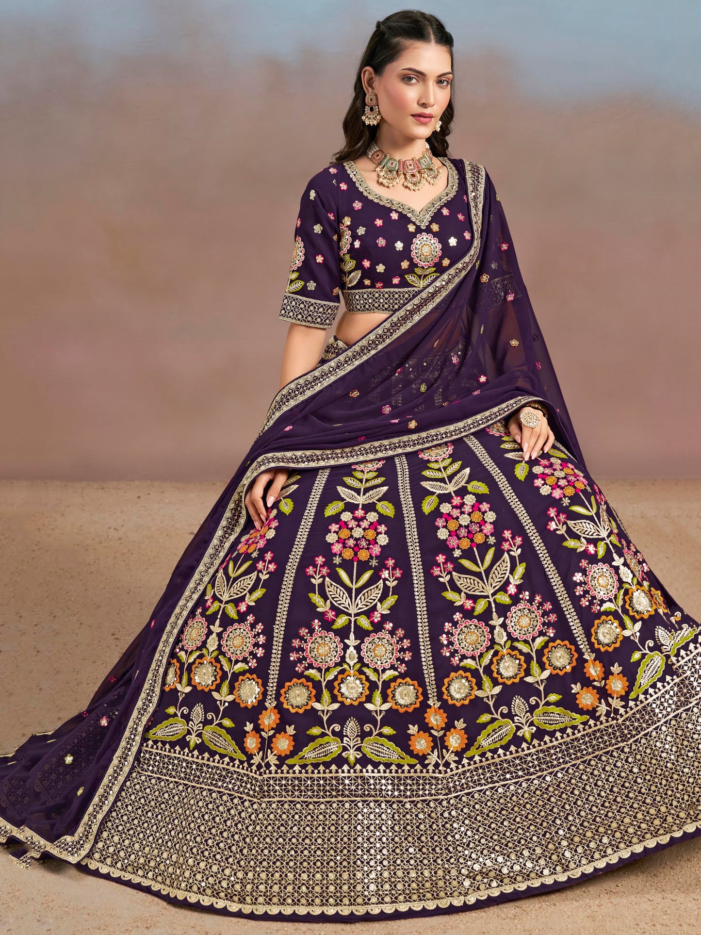 Zeel Clothing Women's Sequins Thread Embroidered Georgette Lehenga Choli With Dupatta (6008-Women-Lehenga-Choli-New; Free Size) (Purple)
