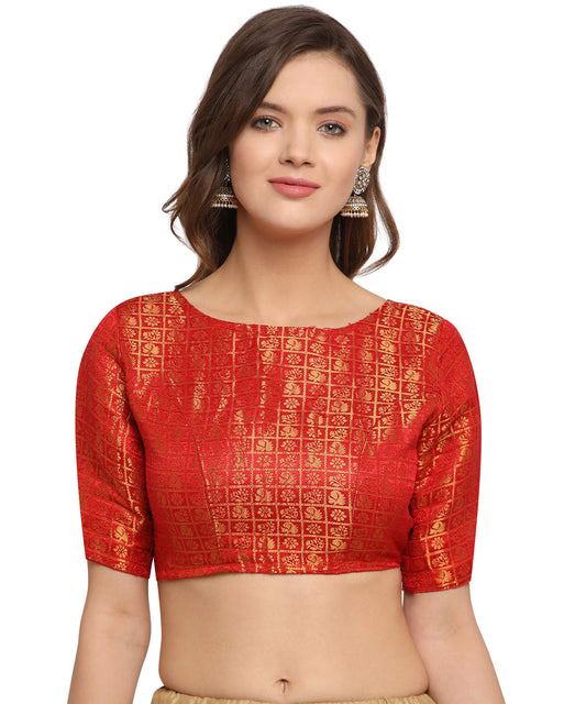 OOMPH! Women's Indian Ethnic Wear Designer Zari Work Boat Neck Half Sleeve Scarlet Red Color Blouse for Saree or Lehnga and Palazzos or Skirts for a Fusion Twist.
