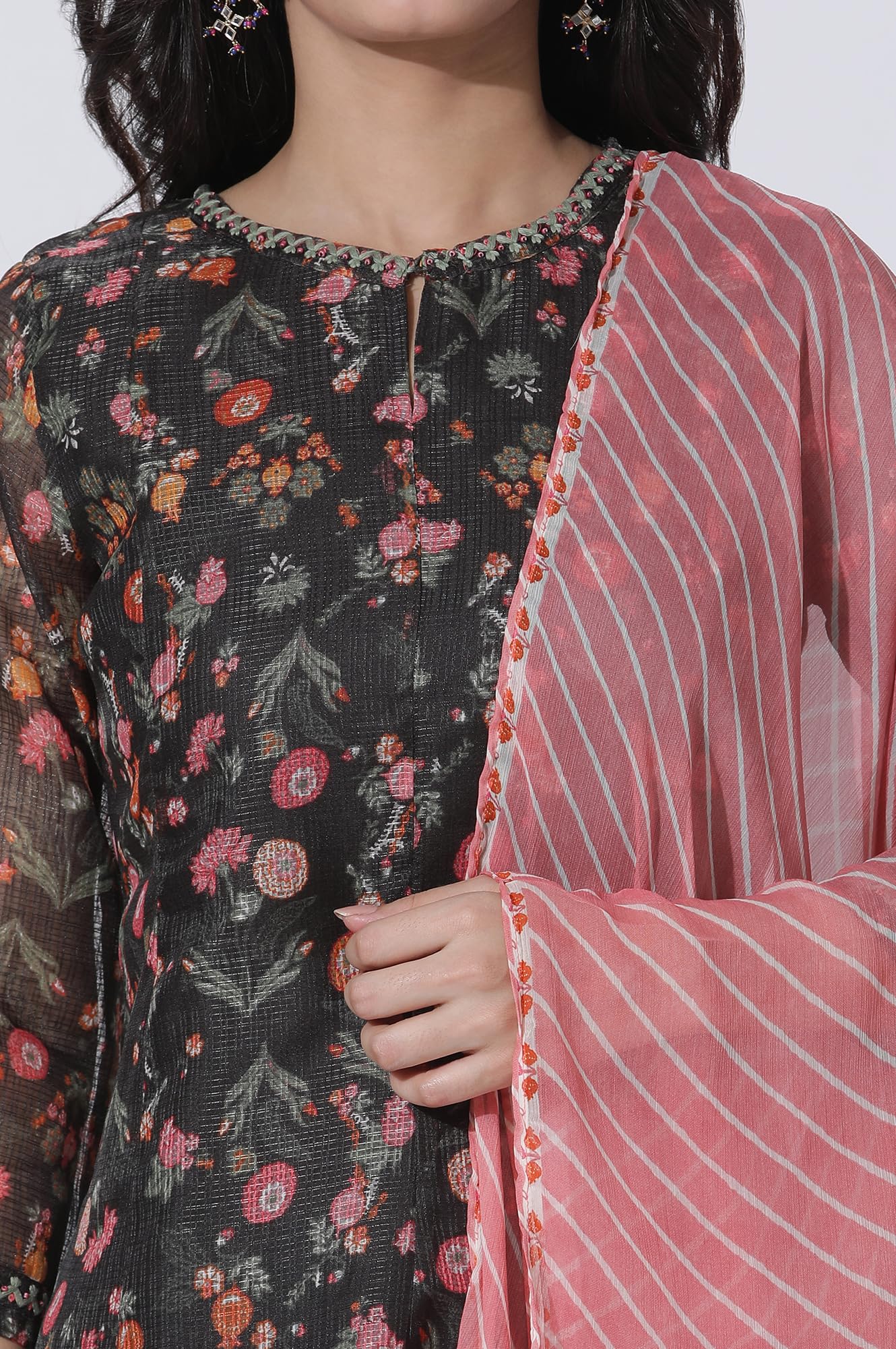 W for Woman Dark Brown Panelled Printed Kota Kurta, Pants and Dupatta Set_24FEWS11022-123350_M