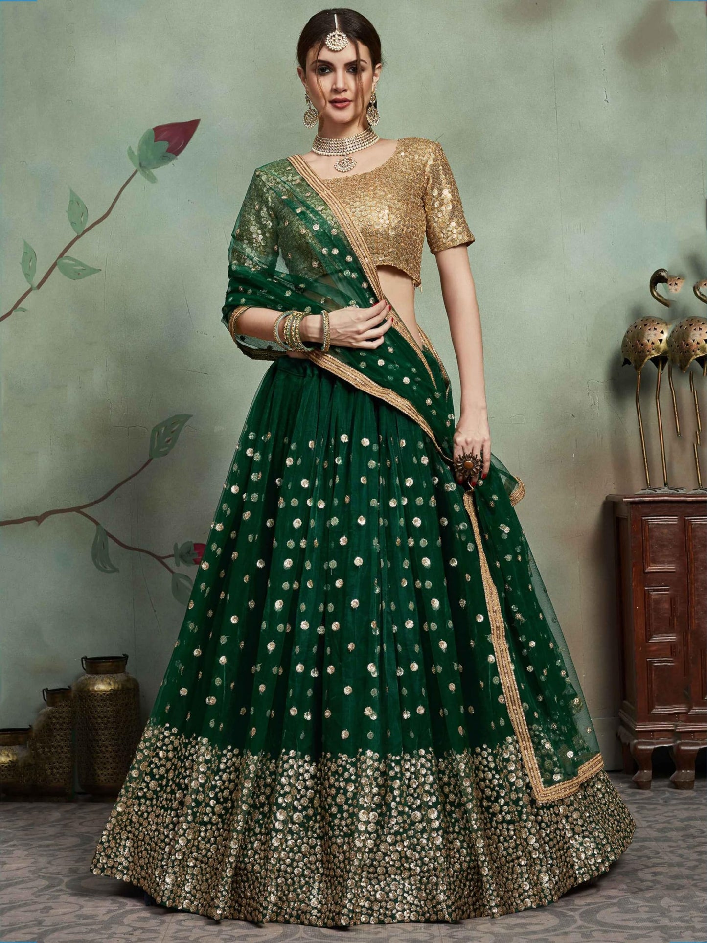 Zeel Clothing Women's Sequins Embroidery Work Soft Net Semi Stitched Lehenga Choli With Dupatta (2903-Green-Women-Lehenga-Choli-Latest; Free Size)