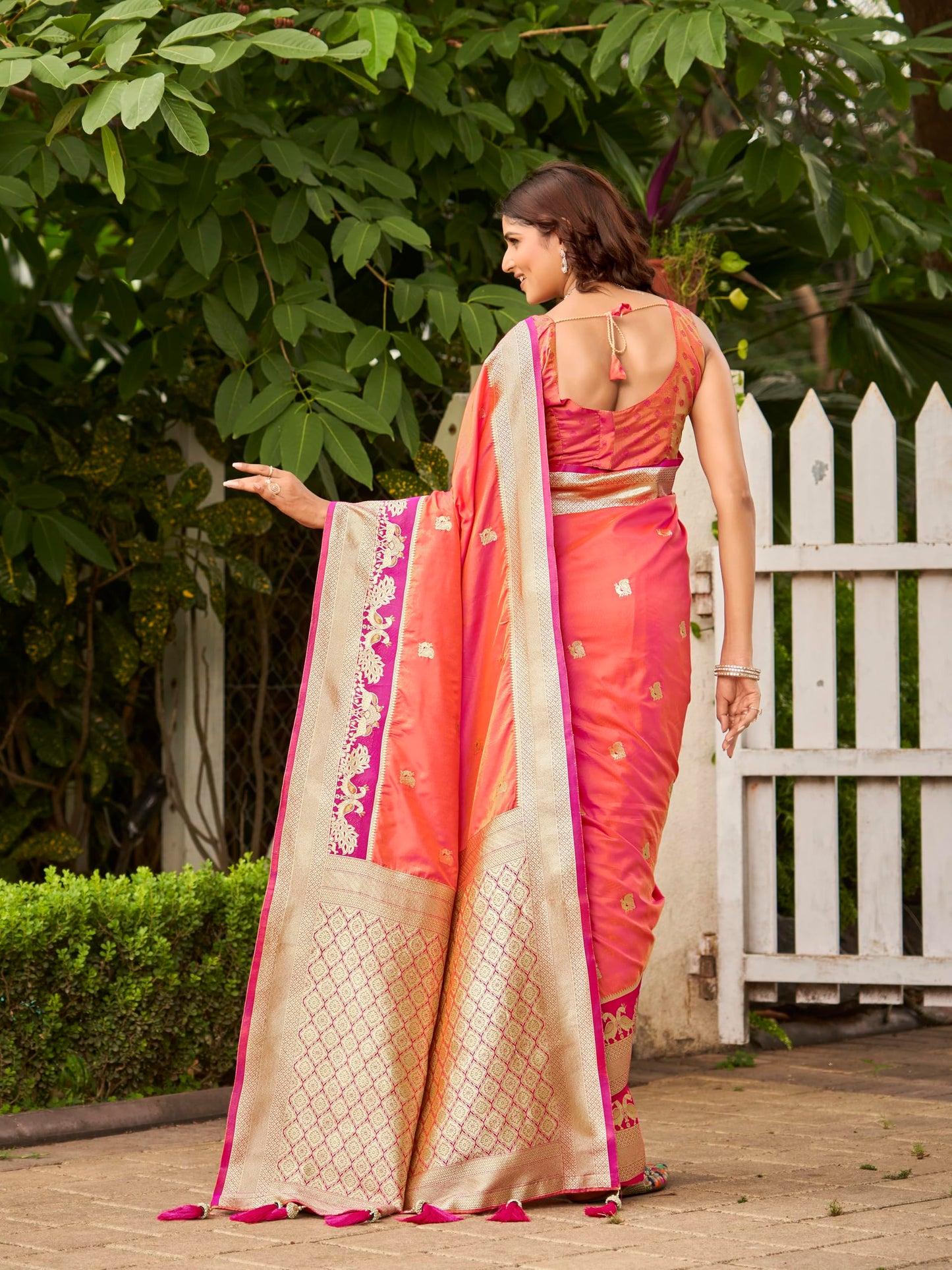 MANOHARI Women's Most Trendy Banarasi Satin Silk Woven Coral Orange Animal Design Pattern Pattern Saree With Heavy Jacquard Work Saree With Blouse Piece_MN2040