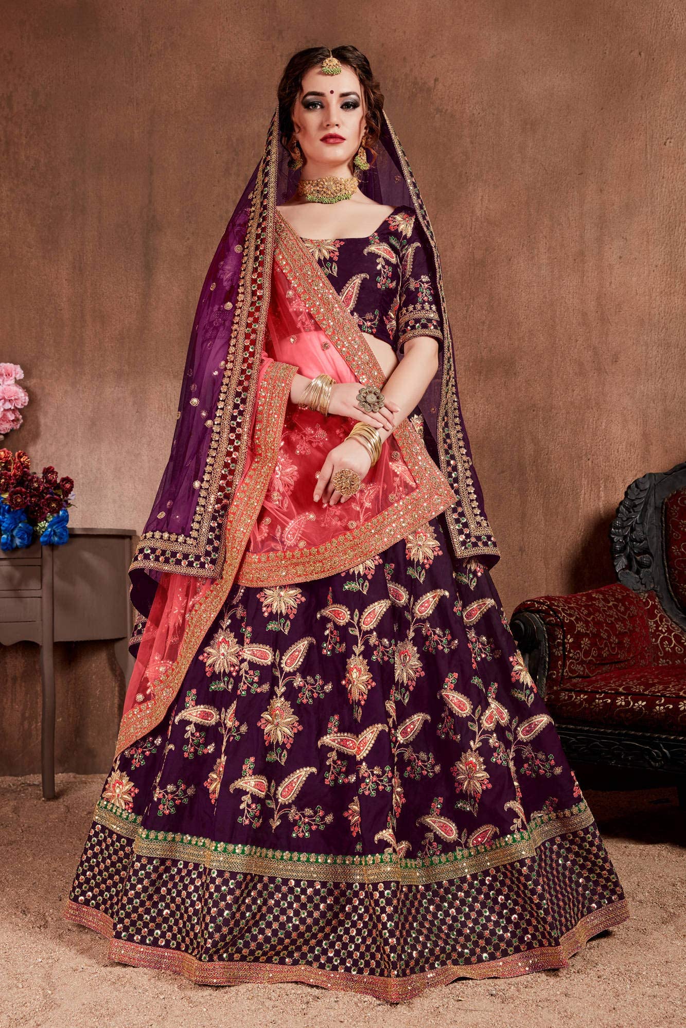 Zeel Clothing Silk Purple Bridal Semi Stitched Lehenga Choli For Women And Girls (7034-Purple-New-Wedding-Bridal-Heavy-Lehenga;Free Size)