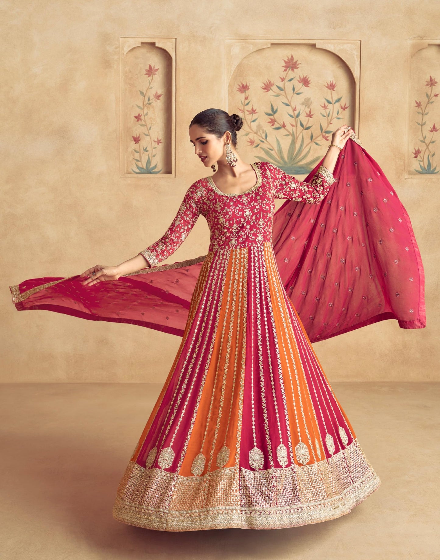 Miss Ethnik Women's Pink Chinon Stitched Gown With Dupatta 3/4 Sleeve Embroidered Anarkali Gown (ME-1231-Pink-3XL)