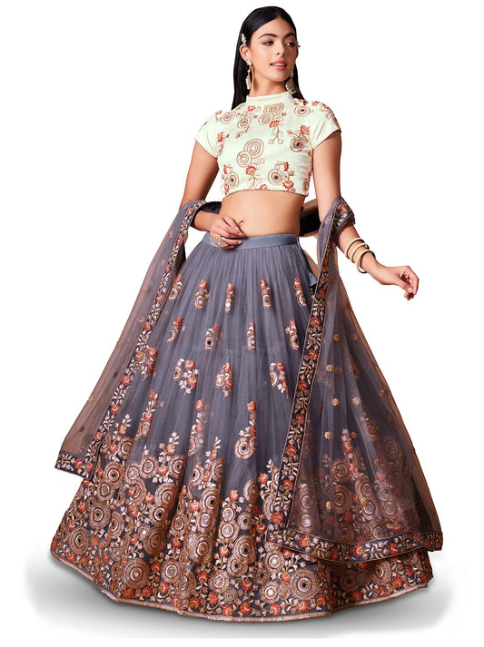 Zeel Clothing Women's Net Embroidered Semi-Stitched Bridal New Lehenga Choli with Dupatta (7321-Grey-Wedding-Bridal-Latest-Lehenga; Free Size) (Grey)