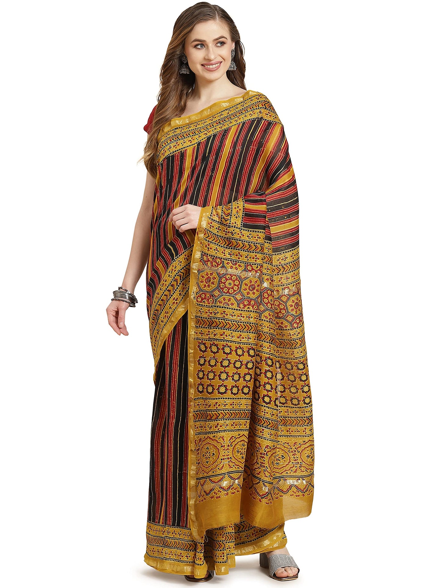 Aditri Women's Handloom Ajrakh on Chanderi Silk Saree with Running Blouse (Multicolored)