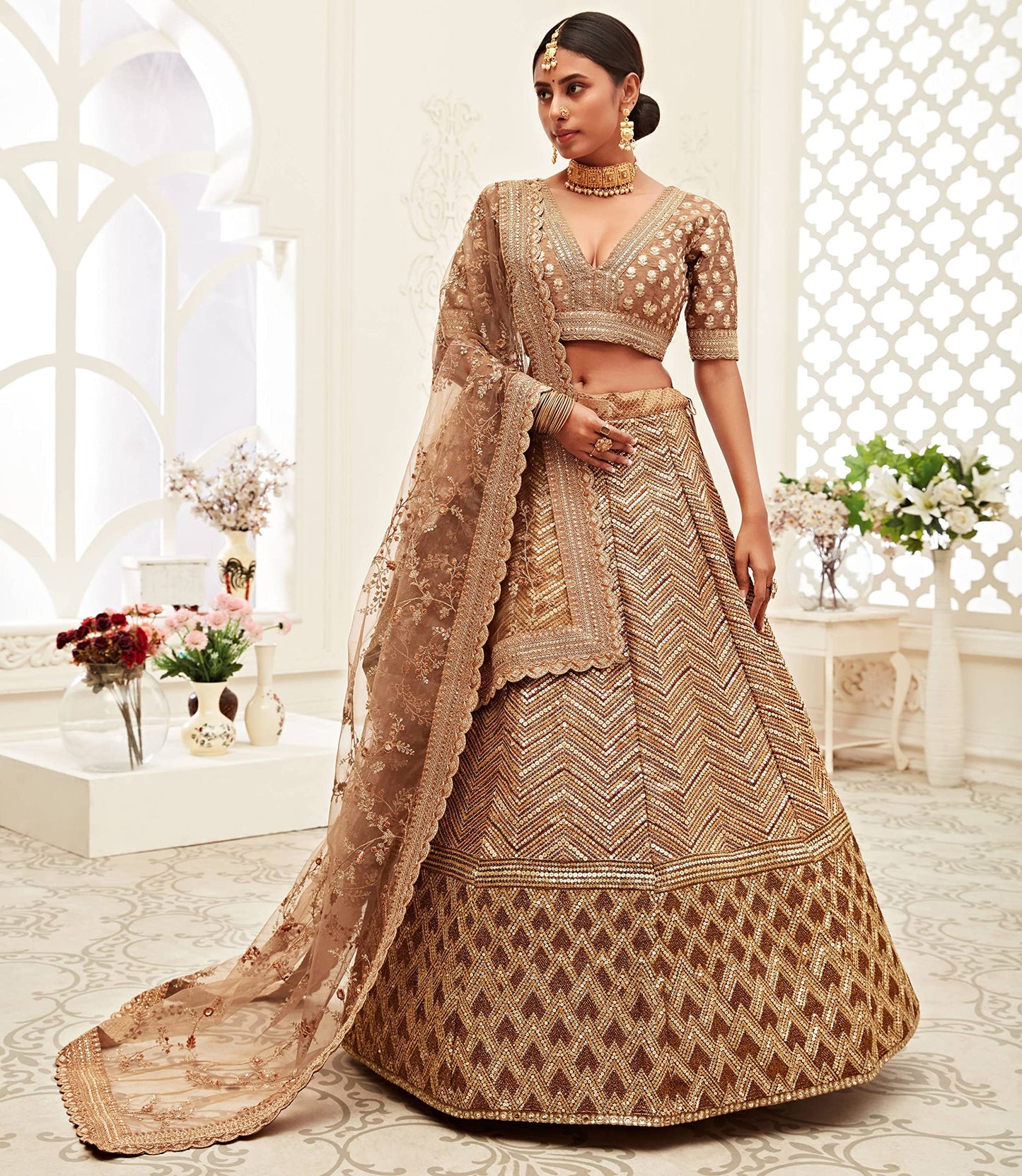 Zeel Clothing Women's Golden Zari and Sequins Work Art Silk Semi-Stitched Lehenga Choli (7709-Wedding-Bridal-Wedding-Lehenga; Gold)