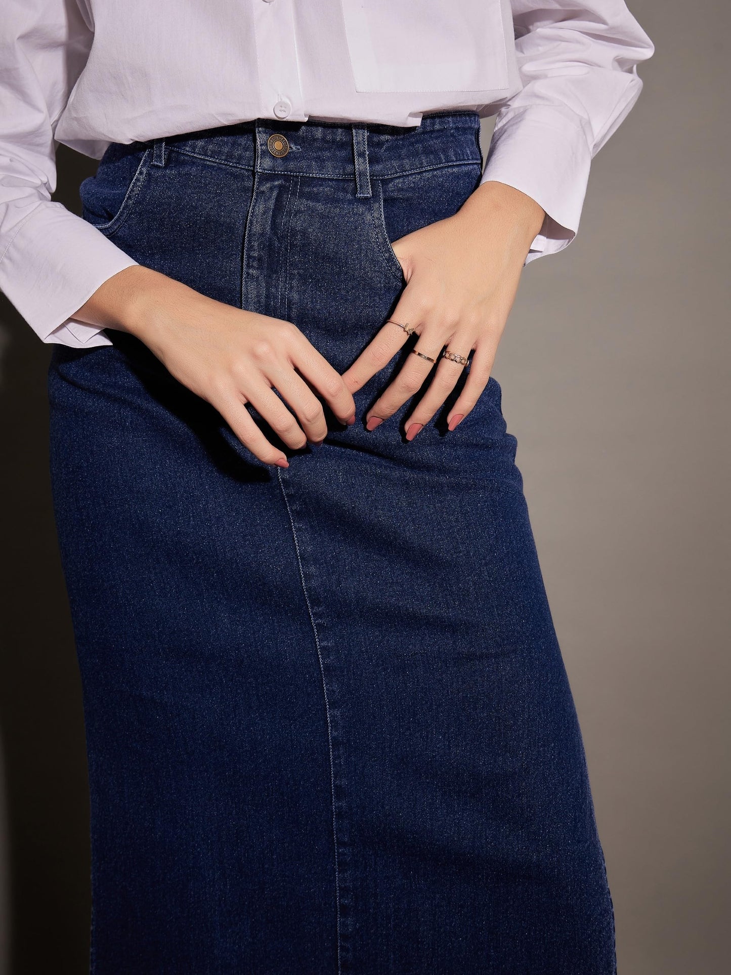 Navy Denim Side Slit Midi Skirt