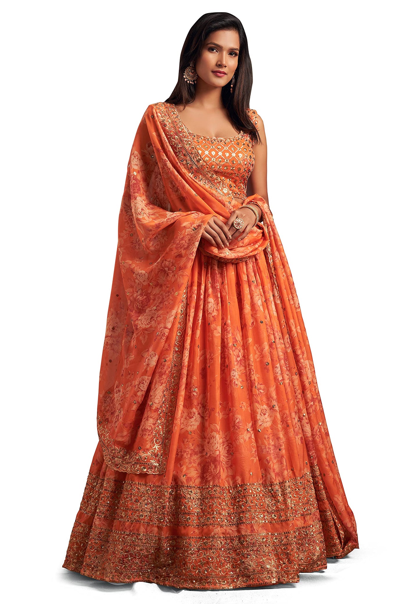 Zeel Clothing Women's Organza Floral White Semi-Stitched Lehenga Choli (7612-Orange-Wedding-Floral-Lehenga-New, Orange)