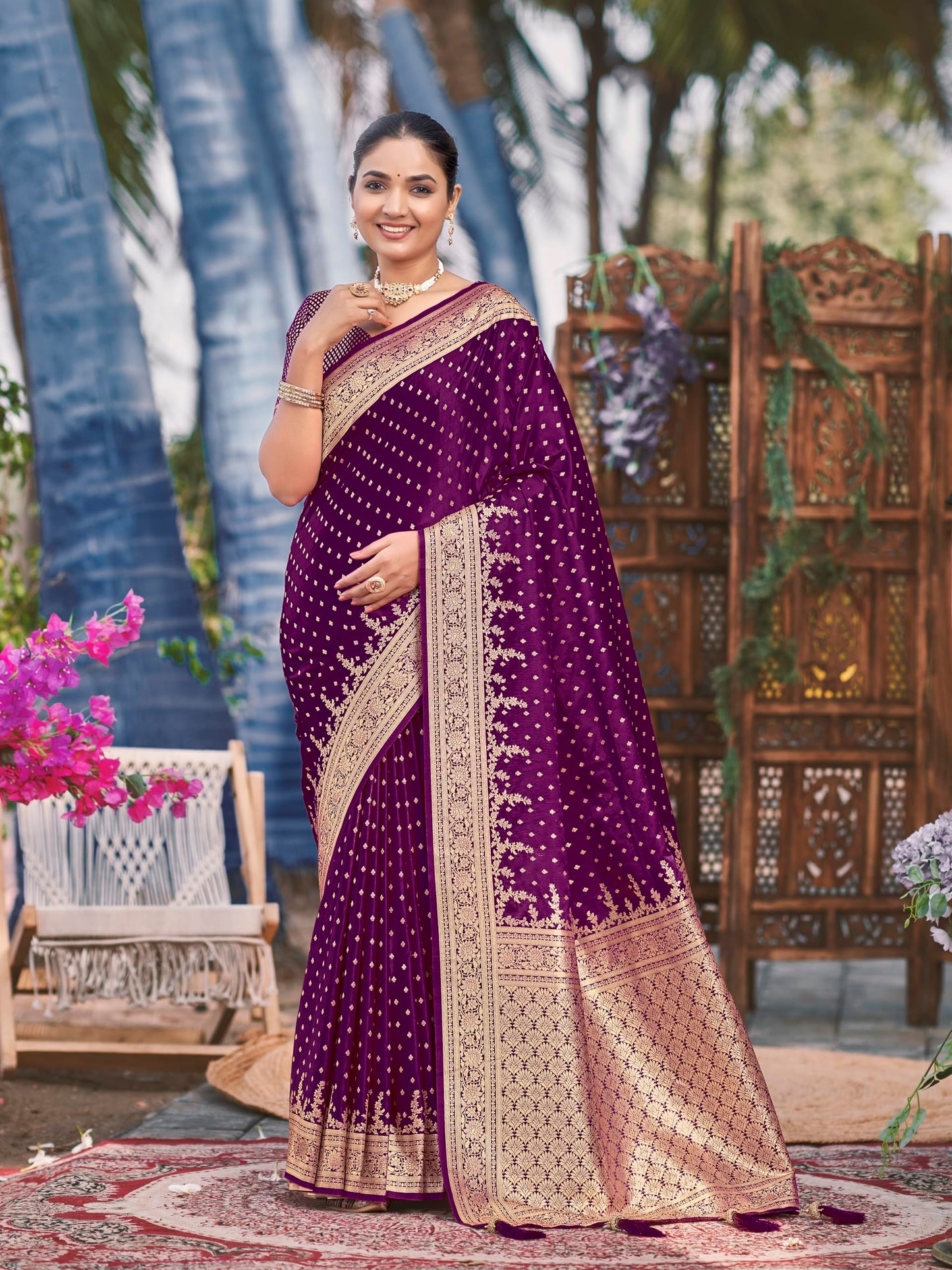 MANOHARI Women's Most Trendy Banarasi Satin Silk Woven Purple Saree With Heavy Jacquard Work Saree With Blouse Piece_MN1996