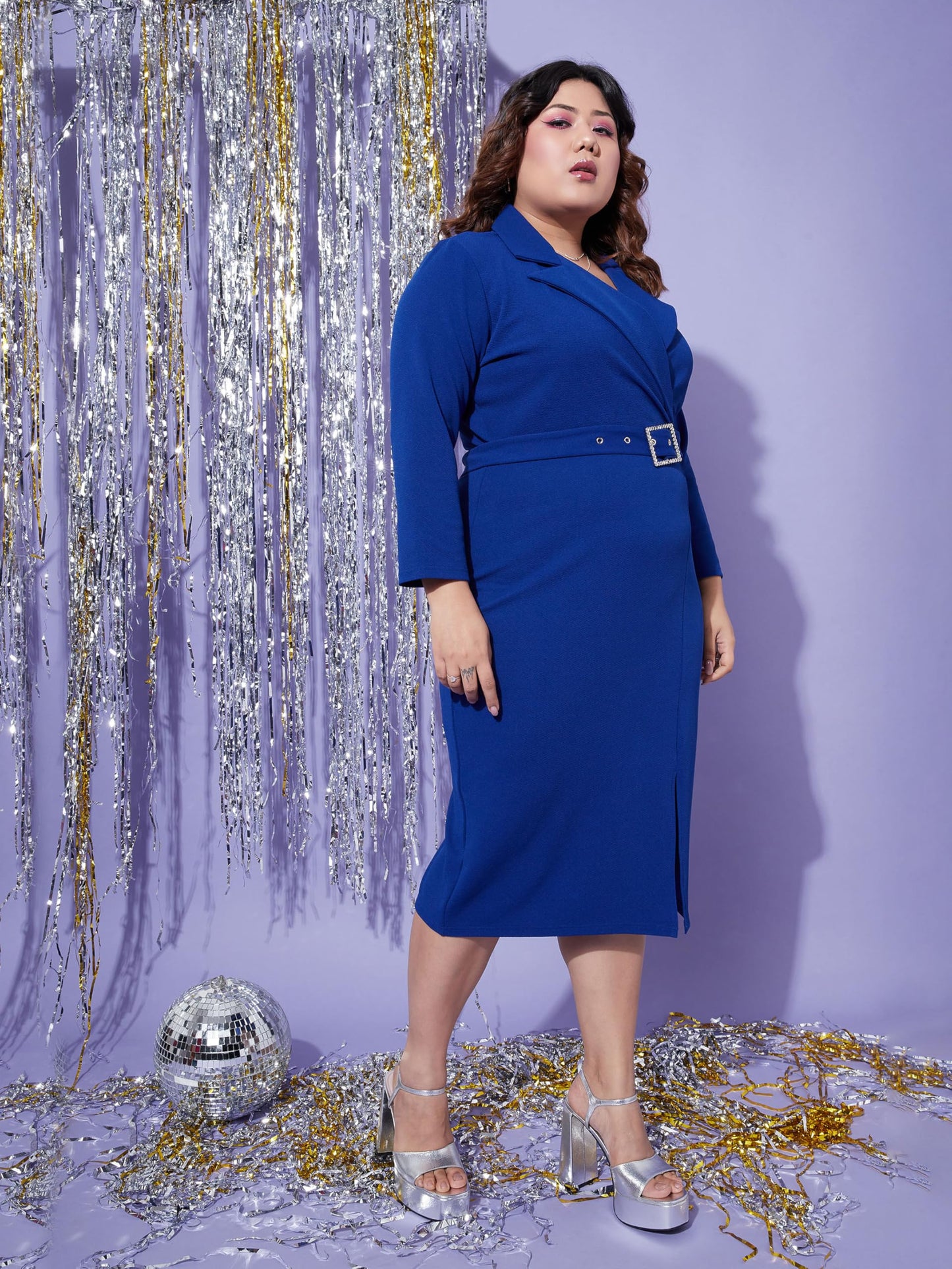 SASSAFRAS Curve Royal Blue Notch Collar Belted Bodycon Dress SFDRSS11097XXL