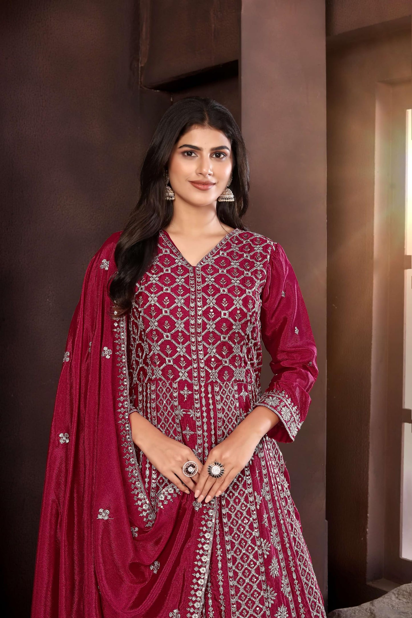 Miss Ethnik Women's Maroon Chinon Stitched Gown with Dupatta Full Sleeve Embroidered A-Line Gown (ME-1236-Maroon-M)