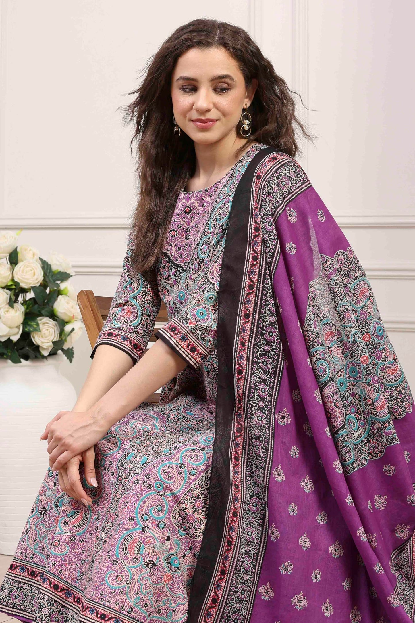 Biba Women Purple Cotton Printed Anarkali Suit Set_40