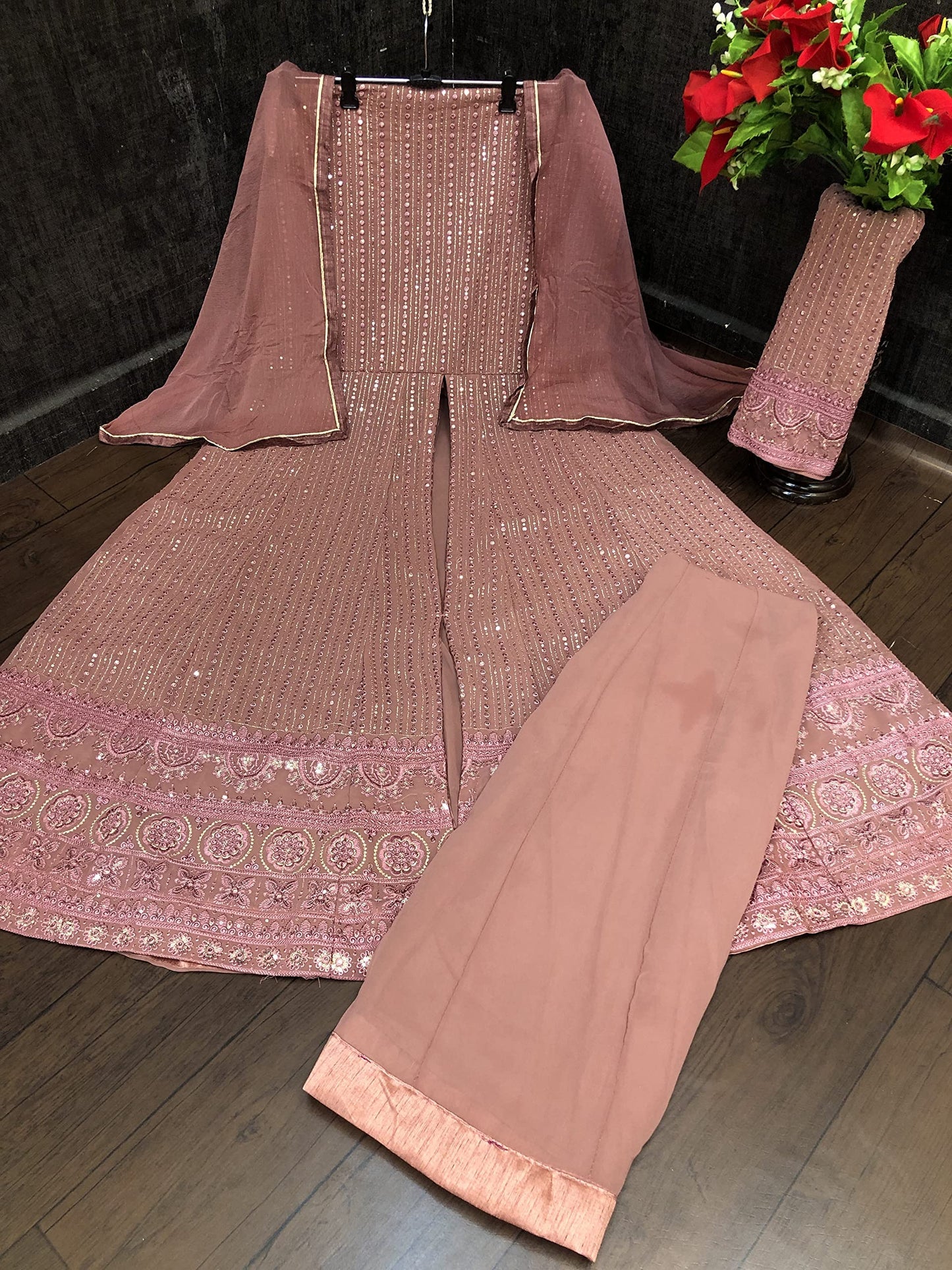 RUDRAPRAYAG Women Maxi Anarkali Georgette and Santoon Gown, 4XL, Peach