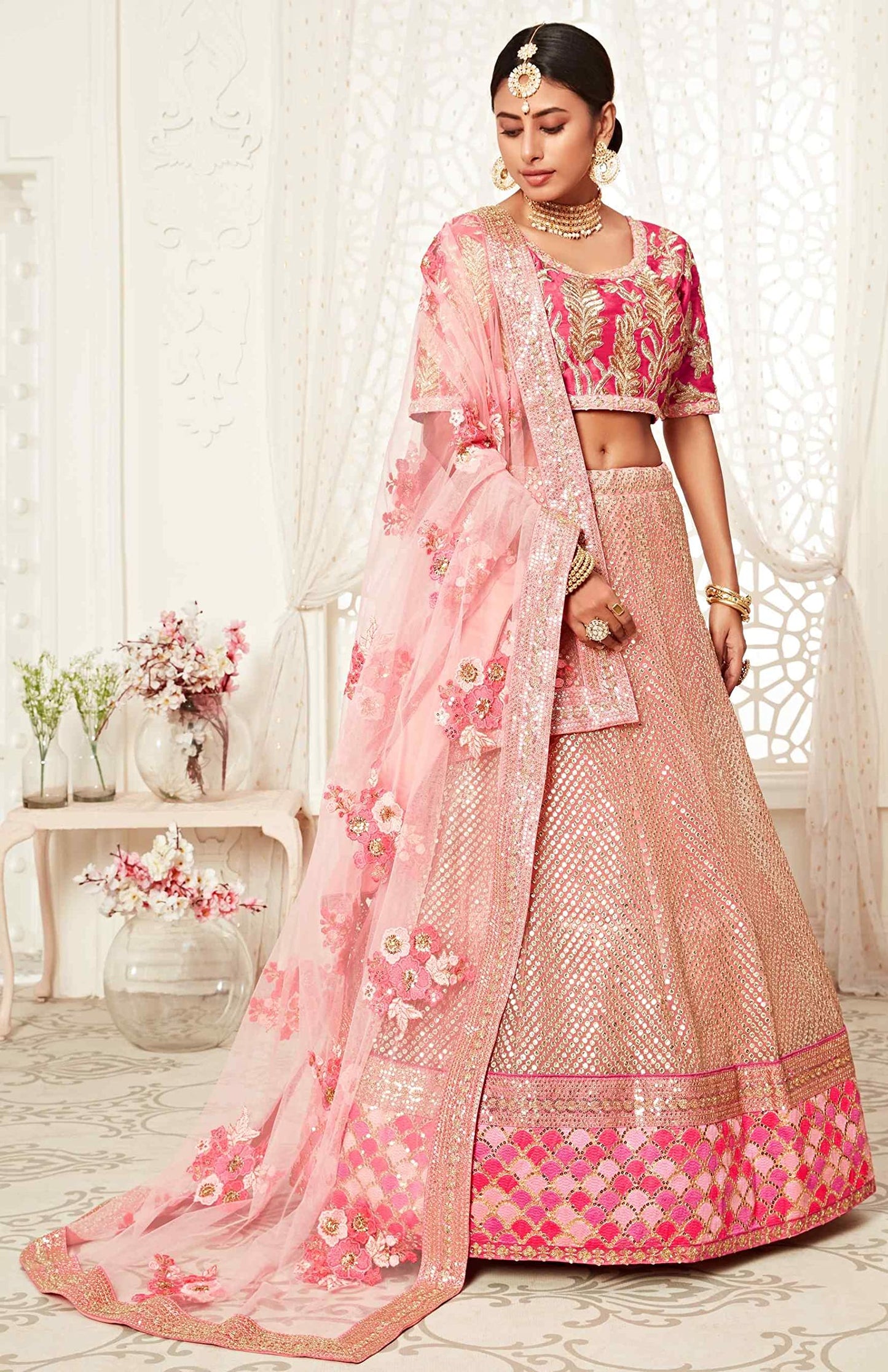 Divine Exim Women's Soft Net Lehenga Choli With Dupatta (PINK_ZCDE7706_Unstitched)
