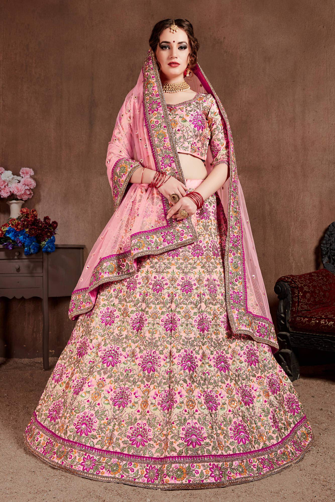 Zeel Clothing Women's Silk Semi stitched Lehenga Choli (7035-Peach-Wedding-Bridal-Heavy-Lehenga_Peach_Free Size)