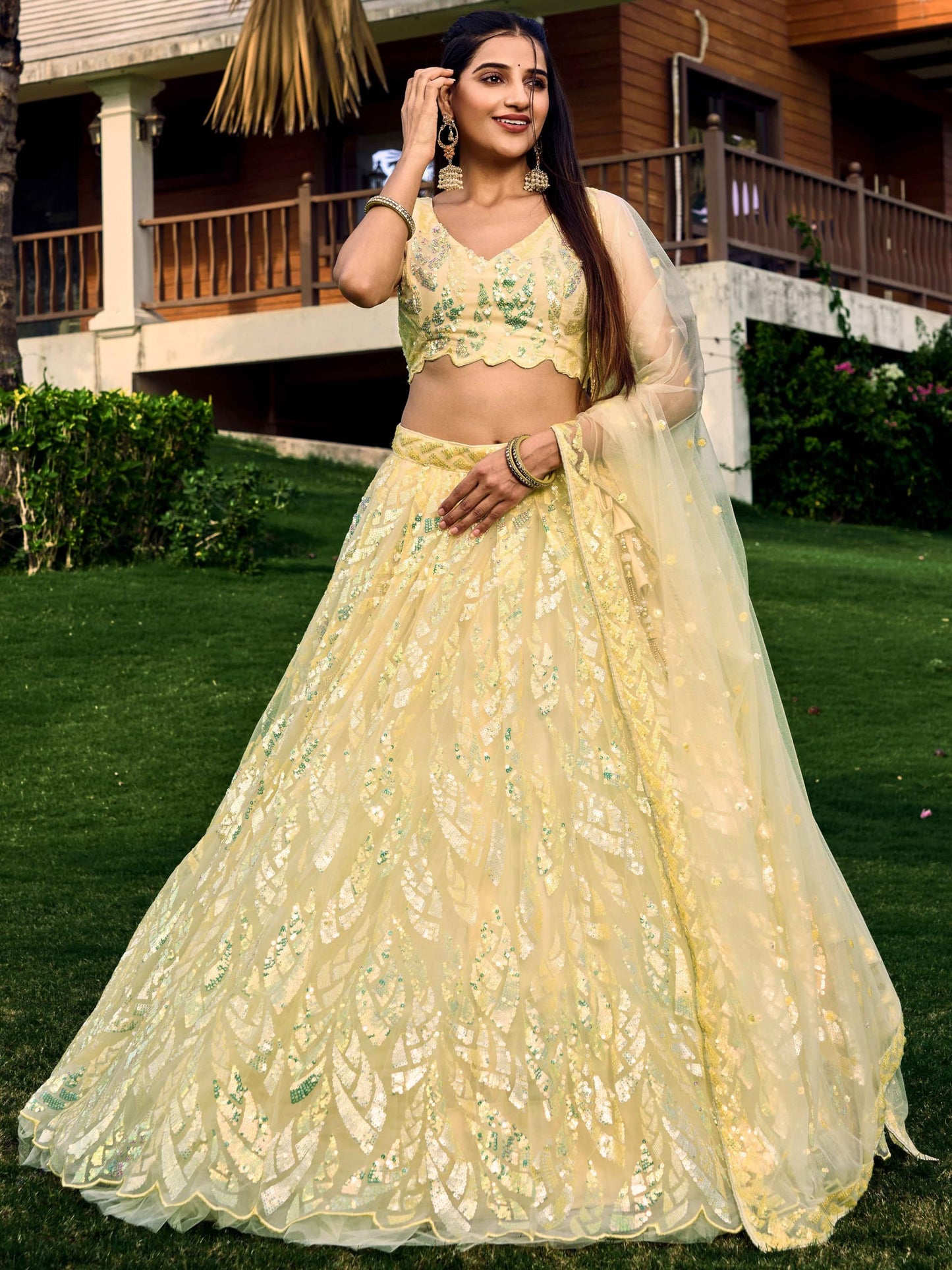 Zeel Clothing Women's Sequins Embroidered Net Semi-Stitched Lehenga and Choli Set (5101-Yellow-Womens-Lehenga-Choli-Latest; Free Size)