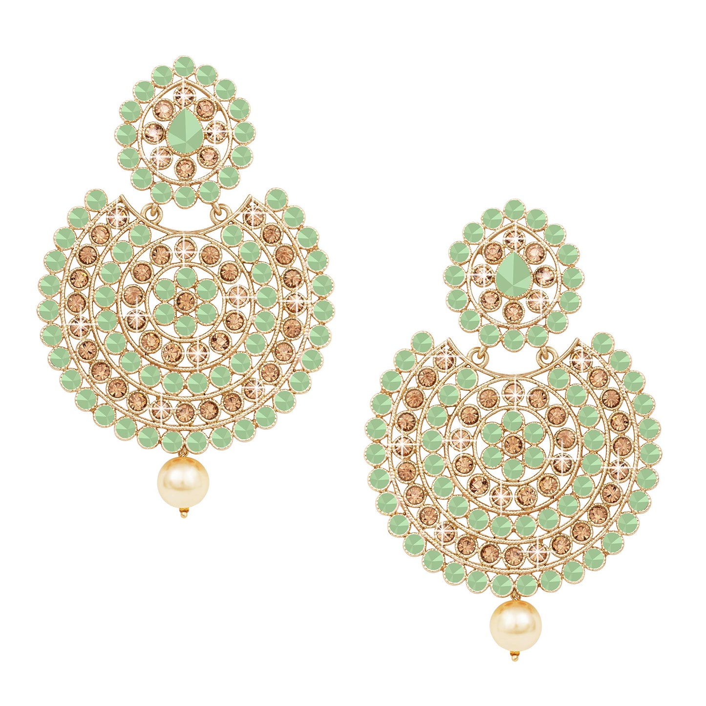 JFL - Jewellery for Less Gold Tone LCD Diamond and Polki stone Studded with Pearl Drop Chandbali Earrings for women and Girls (Mint Green),Valentine