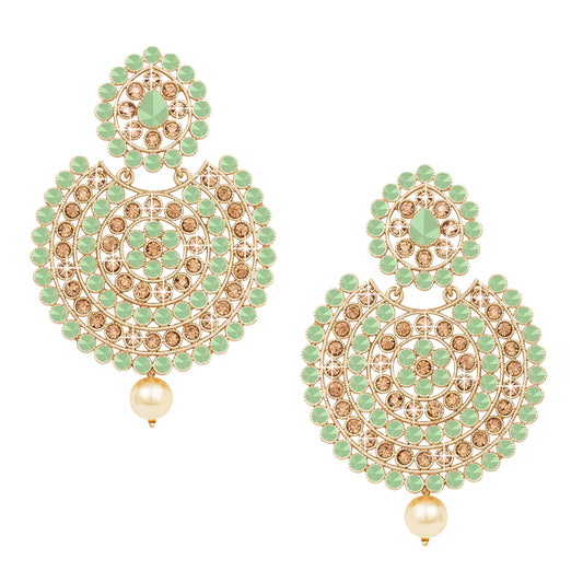 JFL - Jewellery for Less Gold Tone LCD Diamond and Polki stone Studded with Pearl Drop Chandbali Earrings for women and Girls (Mint Green),Valentine