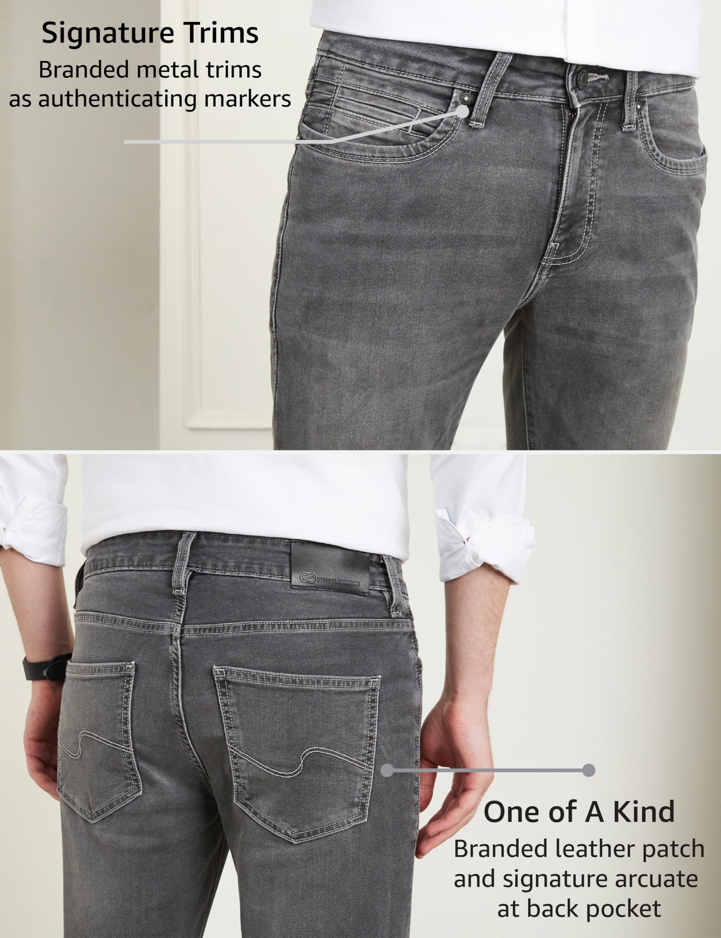 Symbol Premium Men's Slim Fit Stretchable Mid Rise Jeans | Casual Denim | Cotton Stretch | Fashion Shades of Black & Blue (Available in Plus Size) (Mid-Grey_38)