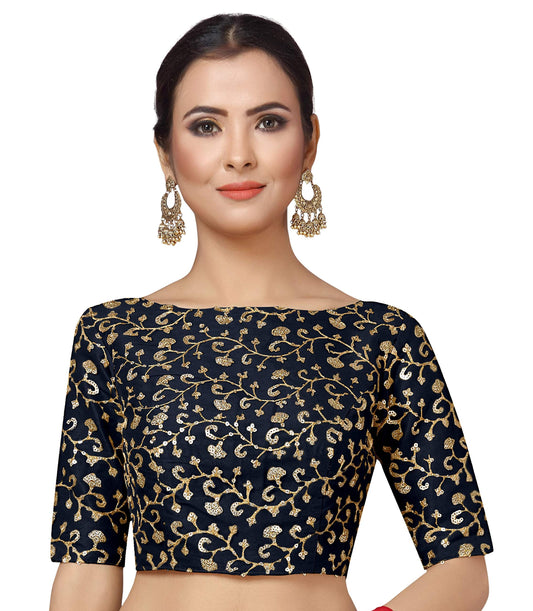 Studio Shringaar Women's Readymade Golden Sequins Embroidered Saree Blouse with Elbow Length Sleeves (Navy Blue, 38)