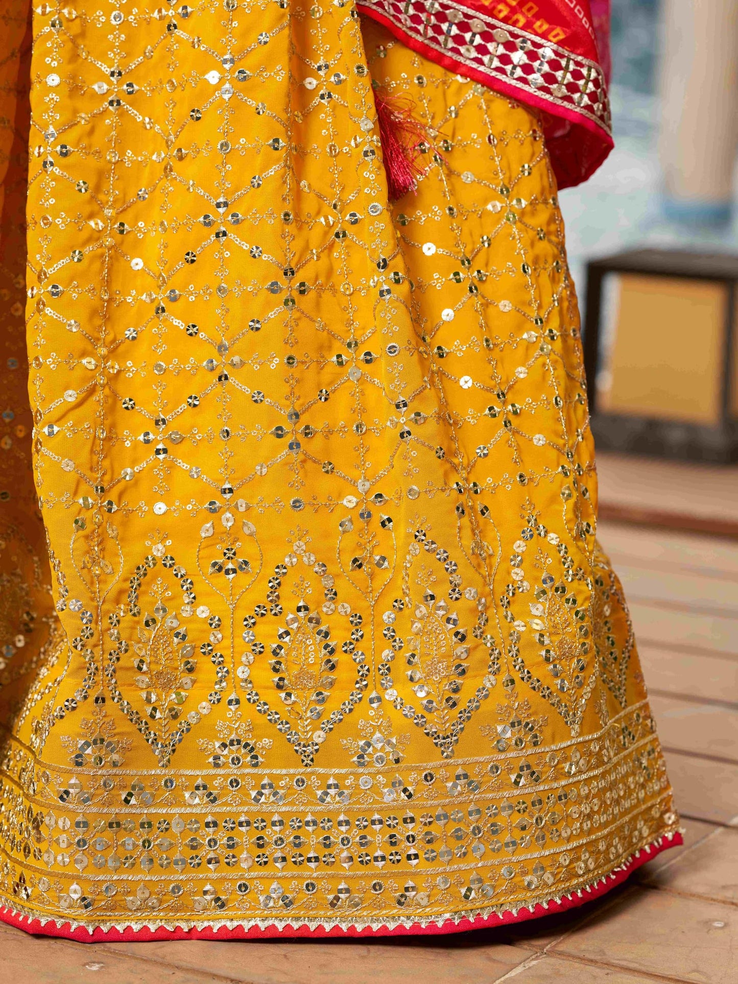 Zeel Clothing Sequins Zari Embroidered Georgette New Lehenga Choli With Dupatta (5076-Yellow-Wedding-Stylish-New; Free Size)