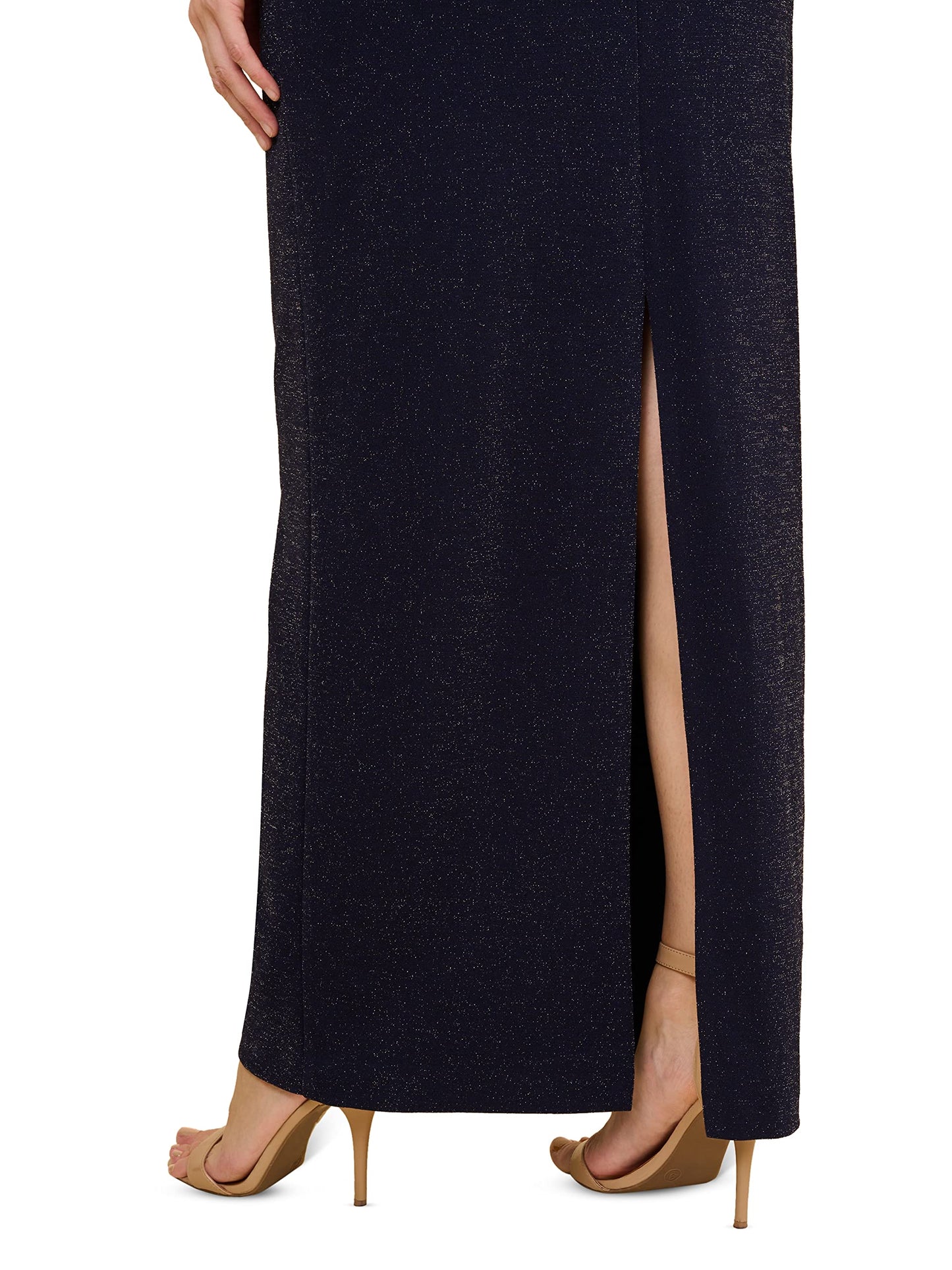 Adrianna Papell Women's Metallic Knit Draped Gown, Light Navy, 8